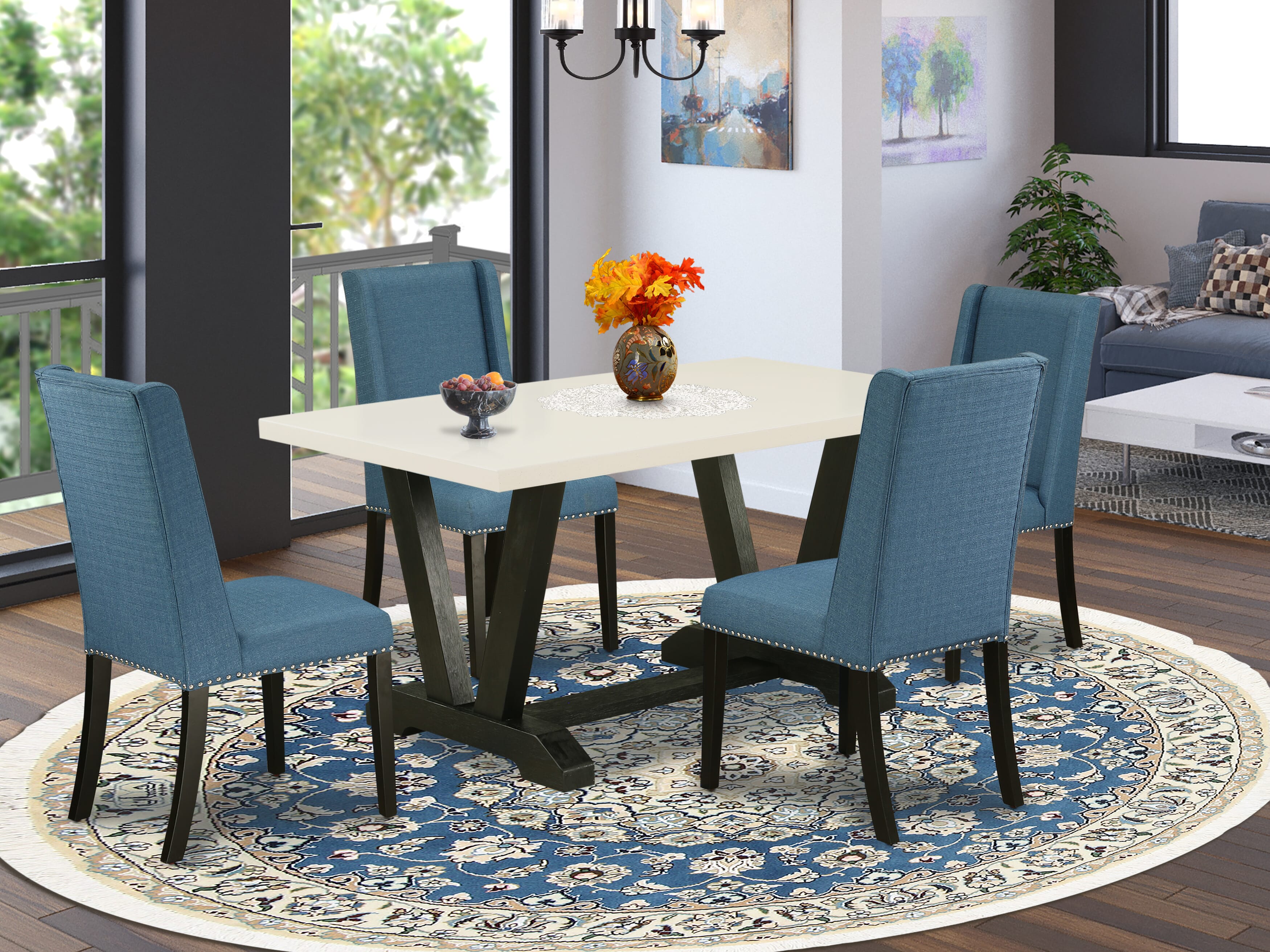 Juego de comedor elegante de 5 piezas East West Furniture V626FL121-5 con una excelente mesa de comedor de lino blanco y 4 excelentes sillas de comedor de tela de lino con tachuelas y un elegante respaldo.