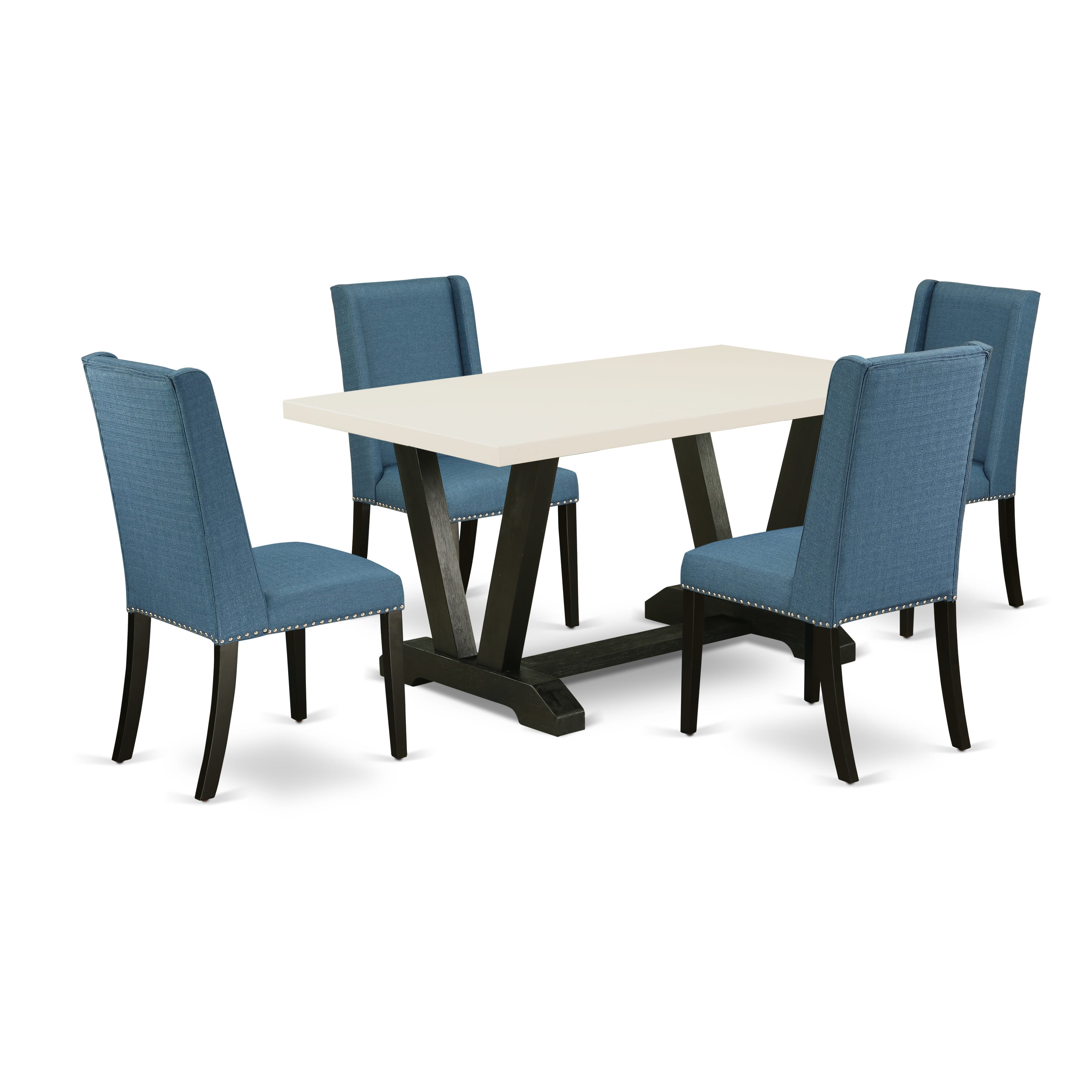 Juego de comedor elegante de 5 piezas East West Furniture V626FL121-5 con una excelente mesa de comedor de lino blanco y 4 excelentes sillas de comedor de tela de lino con tachuelas y un elegante respaldo.