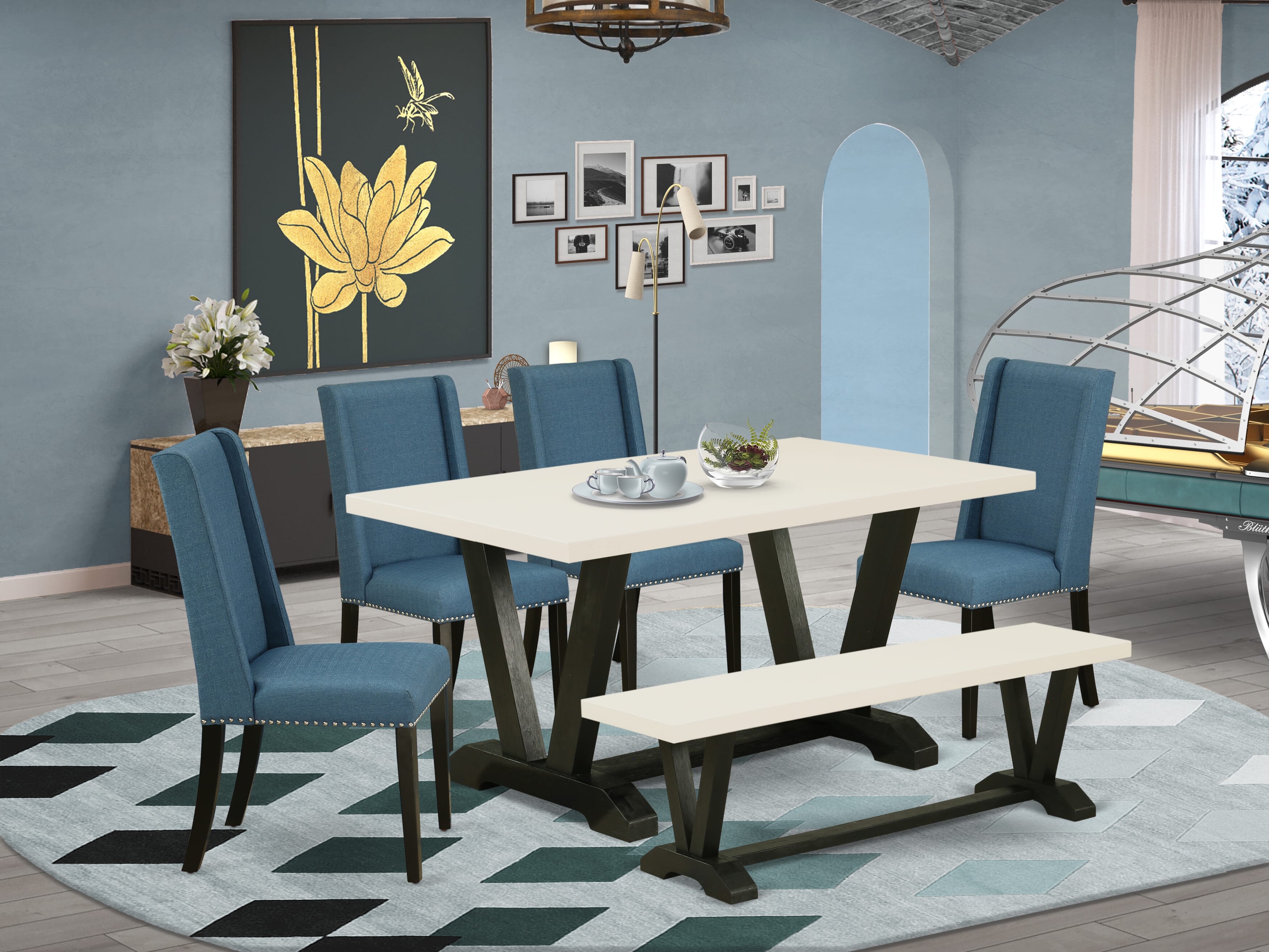 Juego de comedor elegante East West Furniture V626FL121-6 de 6 piezas con una magnífica mesa y banco de madera blanca de lino y 4 impresionantes sillas de comedor de tela de lino con tachuelas y un elegante respaldo.
