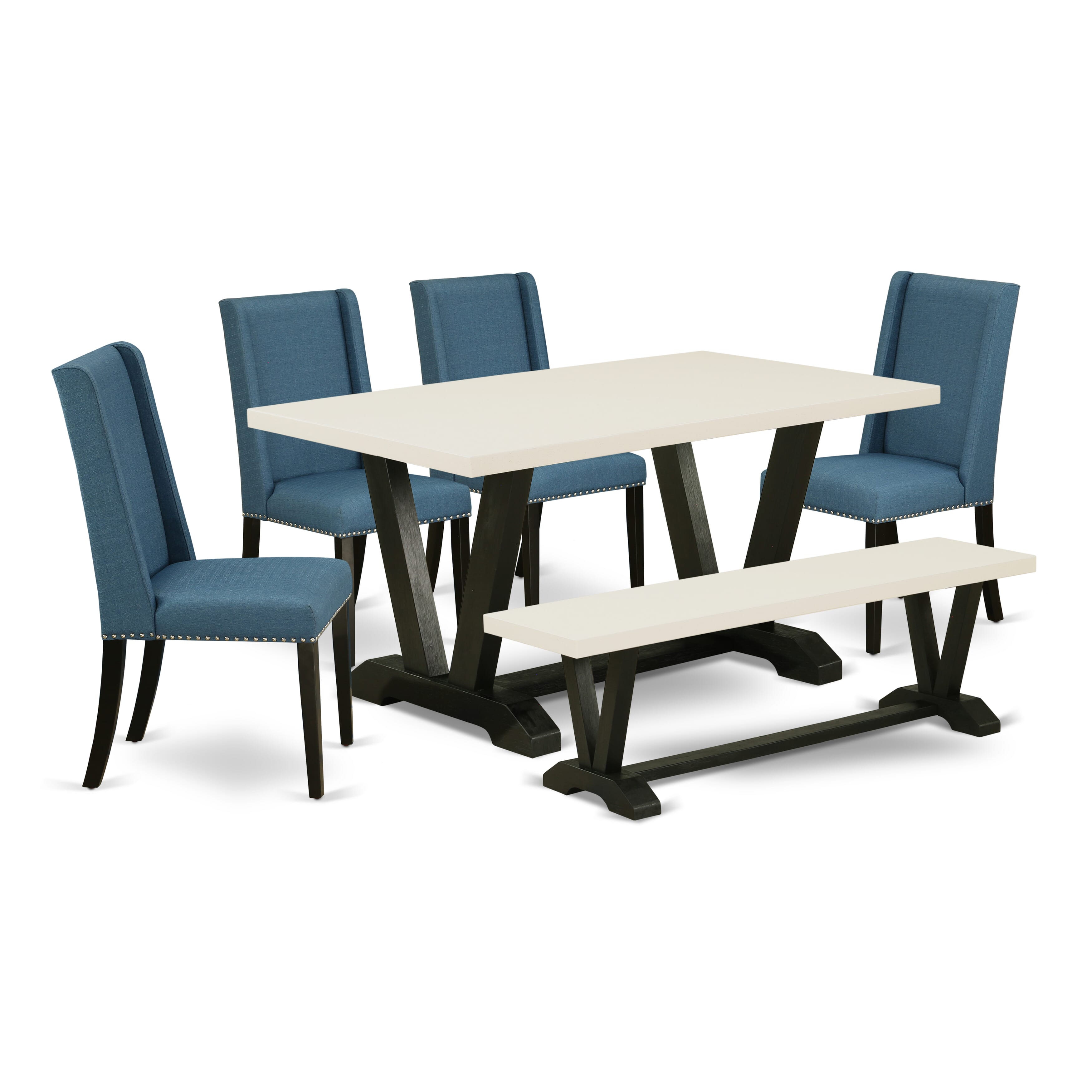 Juego de comedor elegante East West Furniture V626FL121-6 de 6 piezas con una magnífica mesa y banco de madera blanca de lino y 4 impresionantes sillas de comedor de tela de lino con tachuelas y un elegante respaldo.
