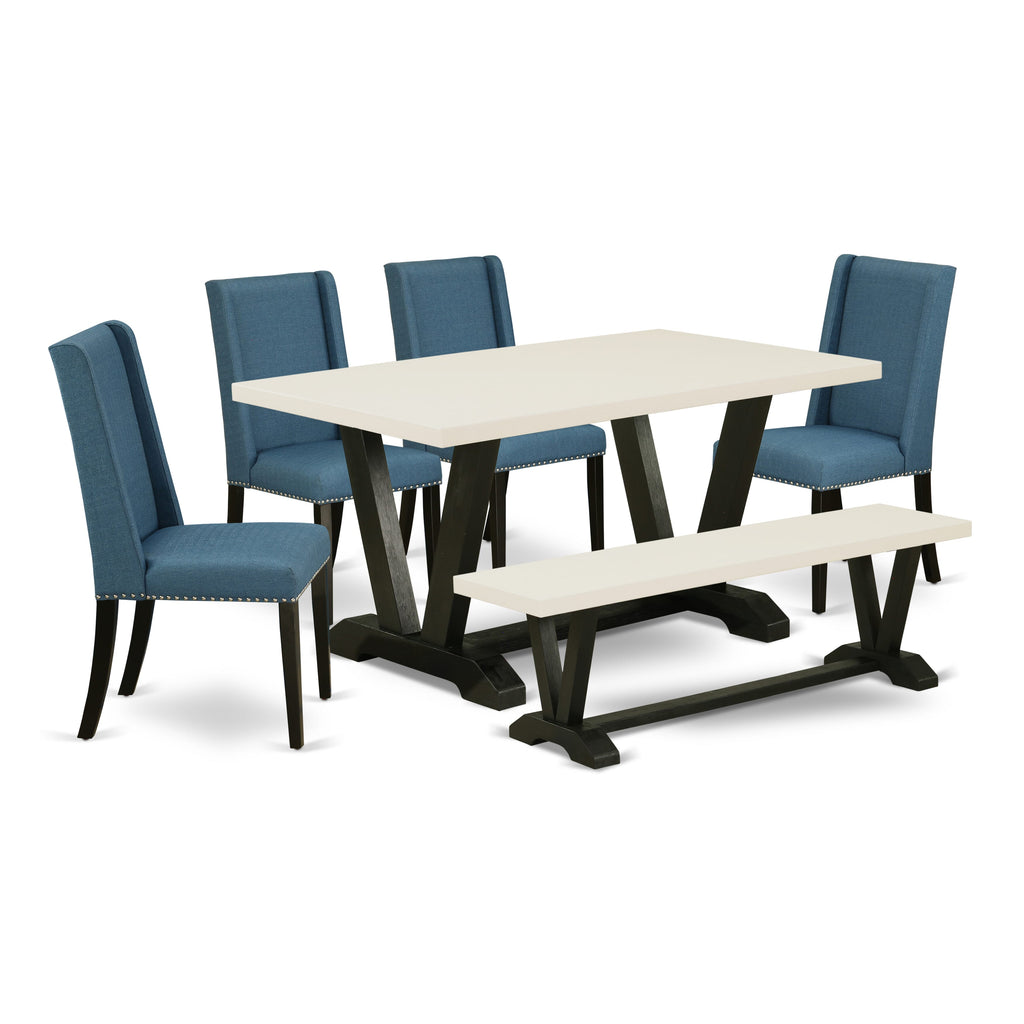 East West Furniture V626FL121-6 6-Piece Dining Set with Dining Table and Dining Bench - 4 Linen Fabric Dining Chairs (Wire Brushed Black Finish)