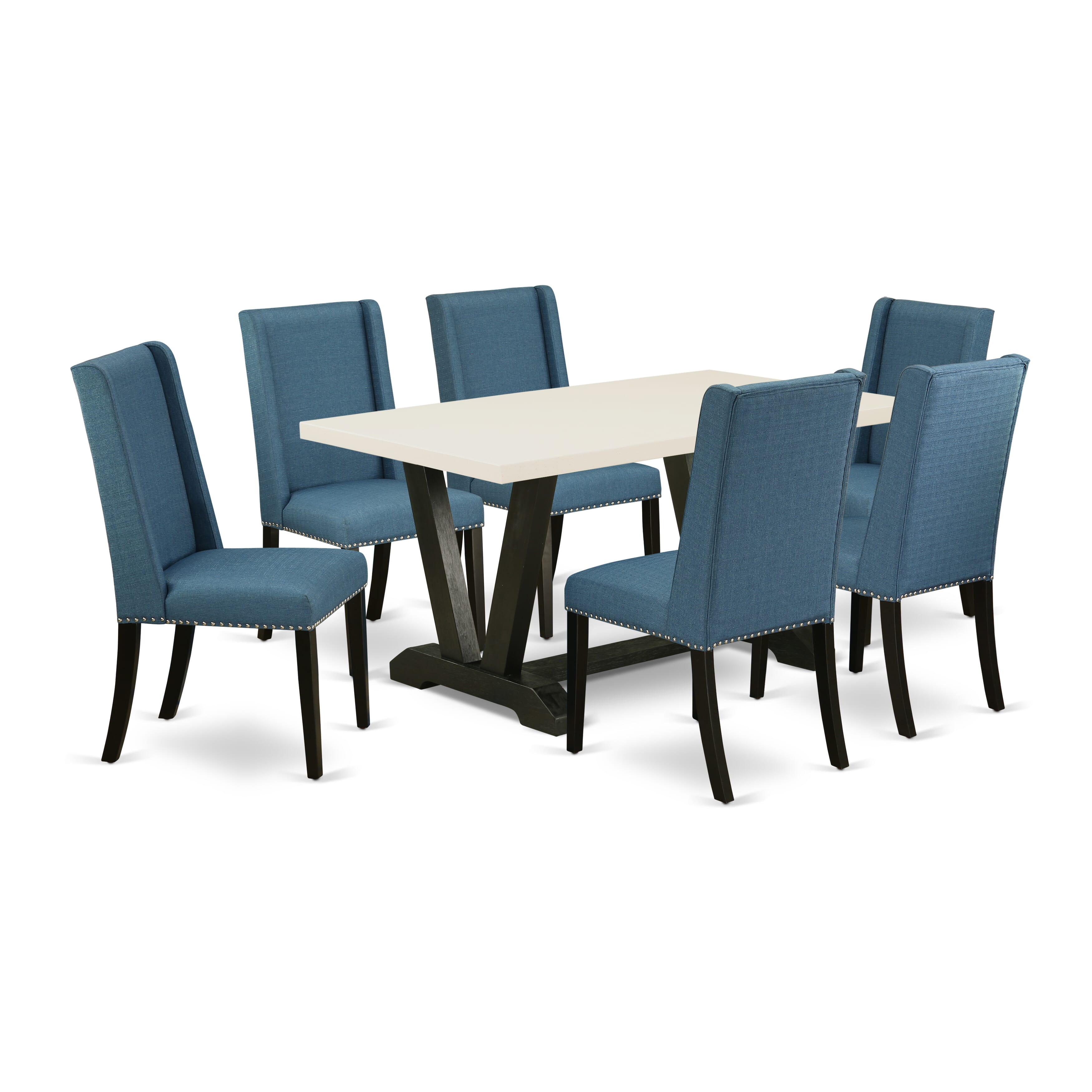 Mesa de comedor rectangular East West Furniture V626FL121-7 de 7 piezas, moderna y excepcional, con cubierta de lino blanca y 6 impresionantes sillas Parson de cocina de tela de lino con tachuelas y elegante respaldo.
