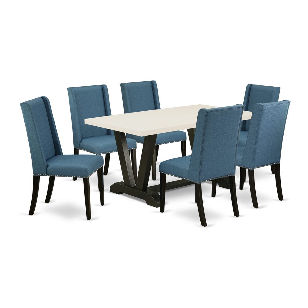 East West Furniture V626FL121-7 7-Piece Dining Room Set with Dining Table - 6 Linen Fabric Parson Chairs (Wire Brushed Black Finish)