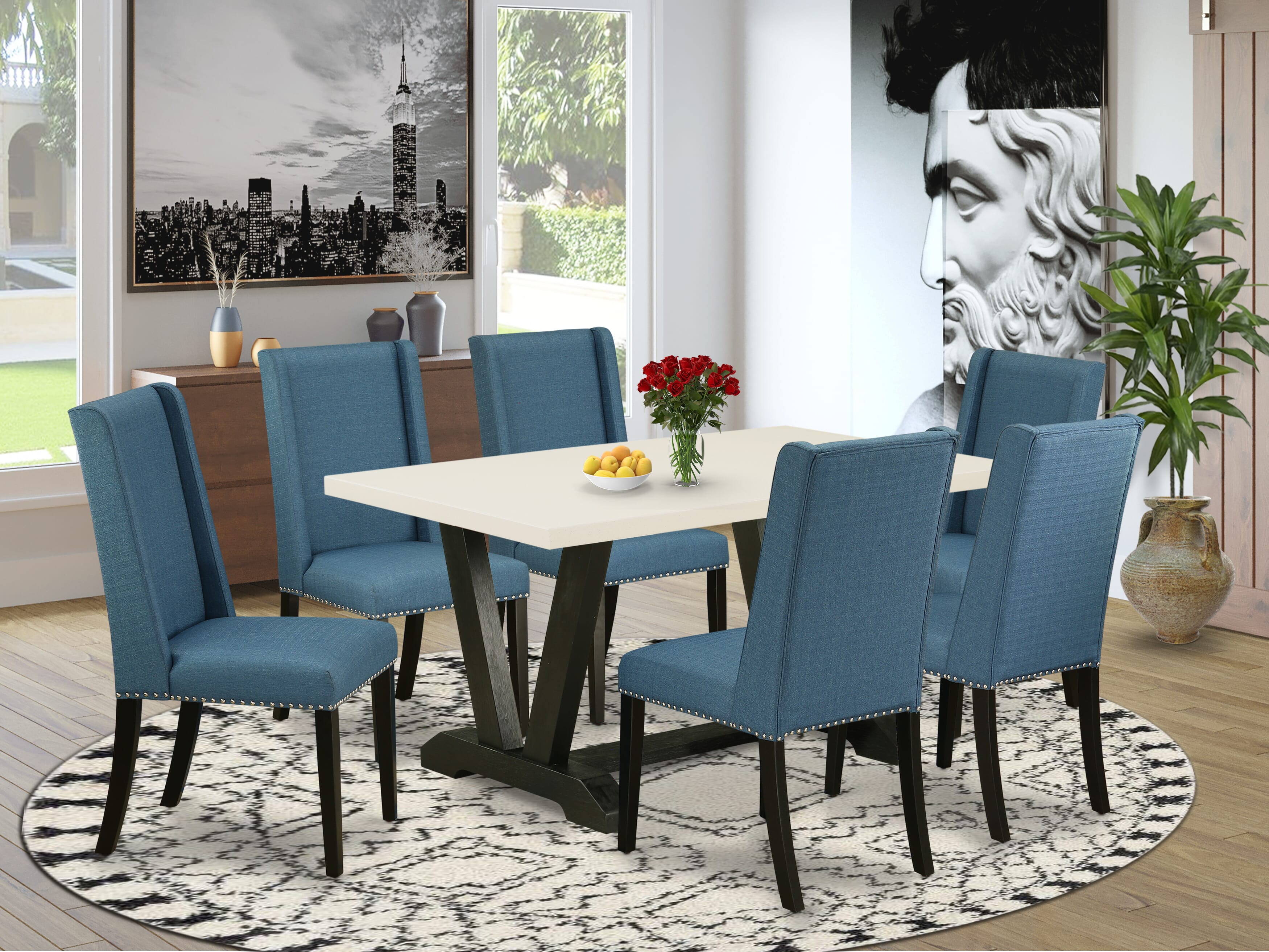 Mesa de comedor rectangular East West Furniture V626FL121-7 de 7 piezas, moderna y excepcional, con cubierta de lino blanca y 6 impresionantes sillas Parson de cocina de tela de lino con tachuelas y elegante respaldo.
