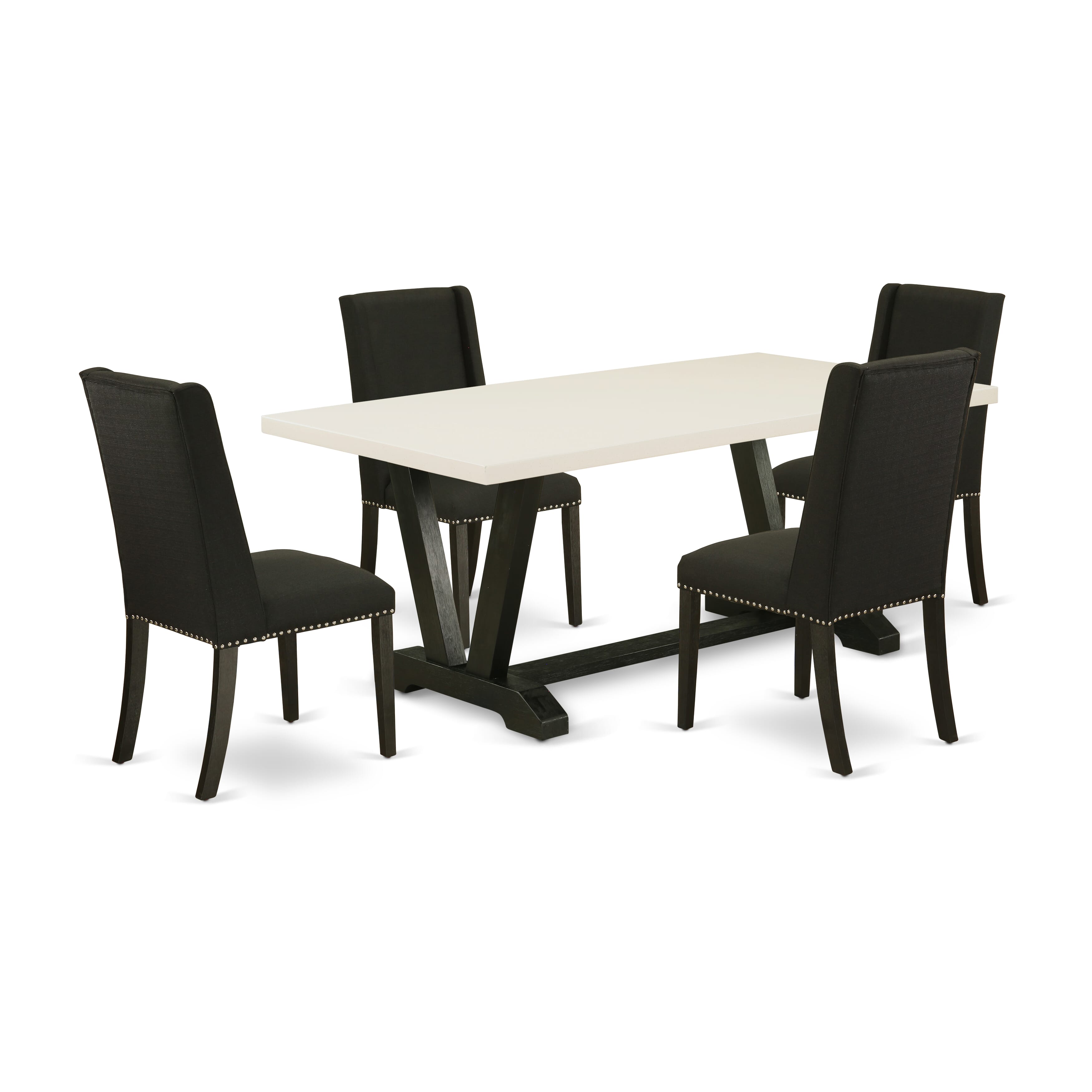 East West Furniture V626FL624-5 5-PieceIncluded 4 Kitchen Dining chairs Upholstered Nails Head Seat and Stylish Chair Back and rectangular Dining Table with linen white Rectangular Dining Table top (Black Finish)