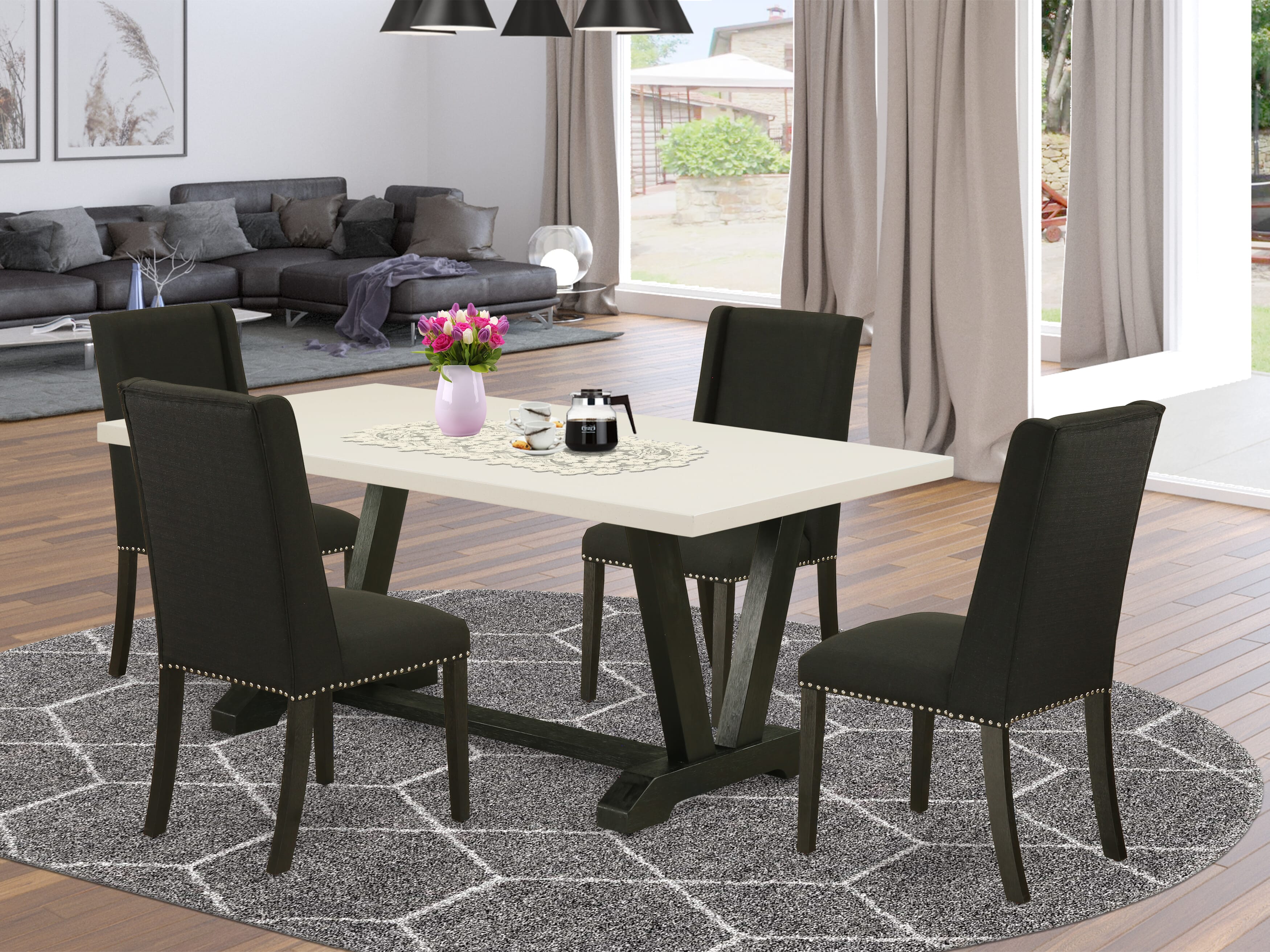 East West Furniture V626FL624-5 5-PieceIncluded 4 Kitchen Dining chairs Upholstered Nails Head Seat and Stylish Chair Back and rectangular Dining Table with linen white Rectangular Dining Table top (Black Finish)