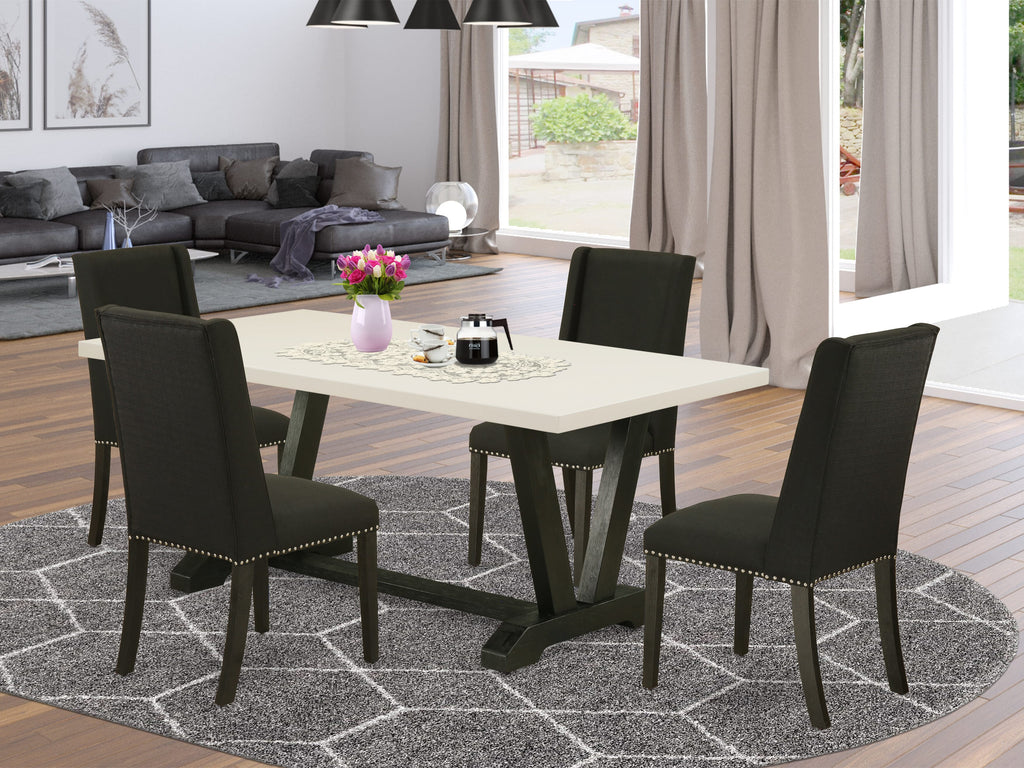 East West Furniture 5-Piece Included 4 Kitchen Dining chairs Upholstered Nails Head Seat and Stylish Chair Back and rectangular dining Dining Table with Linen White Rectangular Dining Table Top - Black Finish
