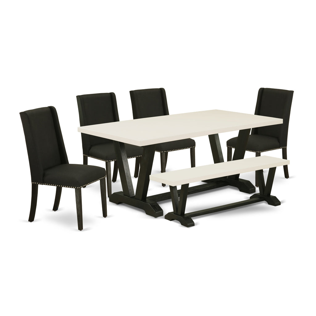 East West Furniture 6-Piece Mid Century Dining Table Set-Black Linen Fabric Seat and High Stylish Chair Back Parson Dining chairs