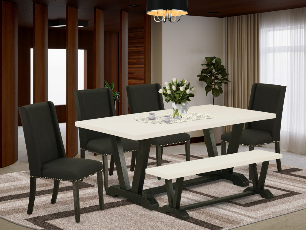 East West Furniture 6-Piece Mid Century Dining Table Set-Black Linen Fabric Seat and High Stylish Chair Back Parson Dining chairs