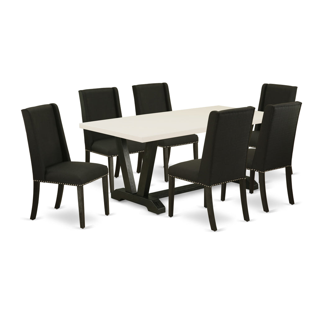 East West Furniture V626FL624-7 7-Piece modern dining table set a beautiful linen white rectangular table top and 6 gorgeous parson chairs with Nail heads and High Stylish Chair Back, Wire Brushed Black Finish