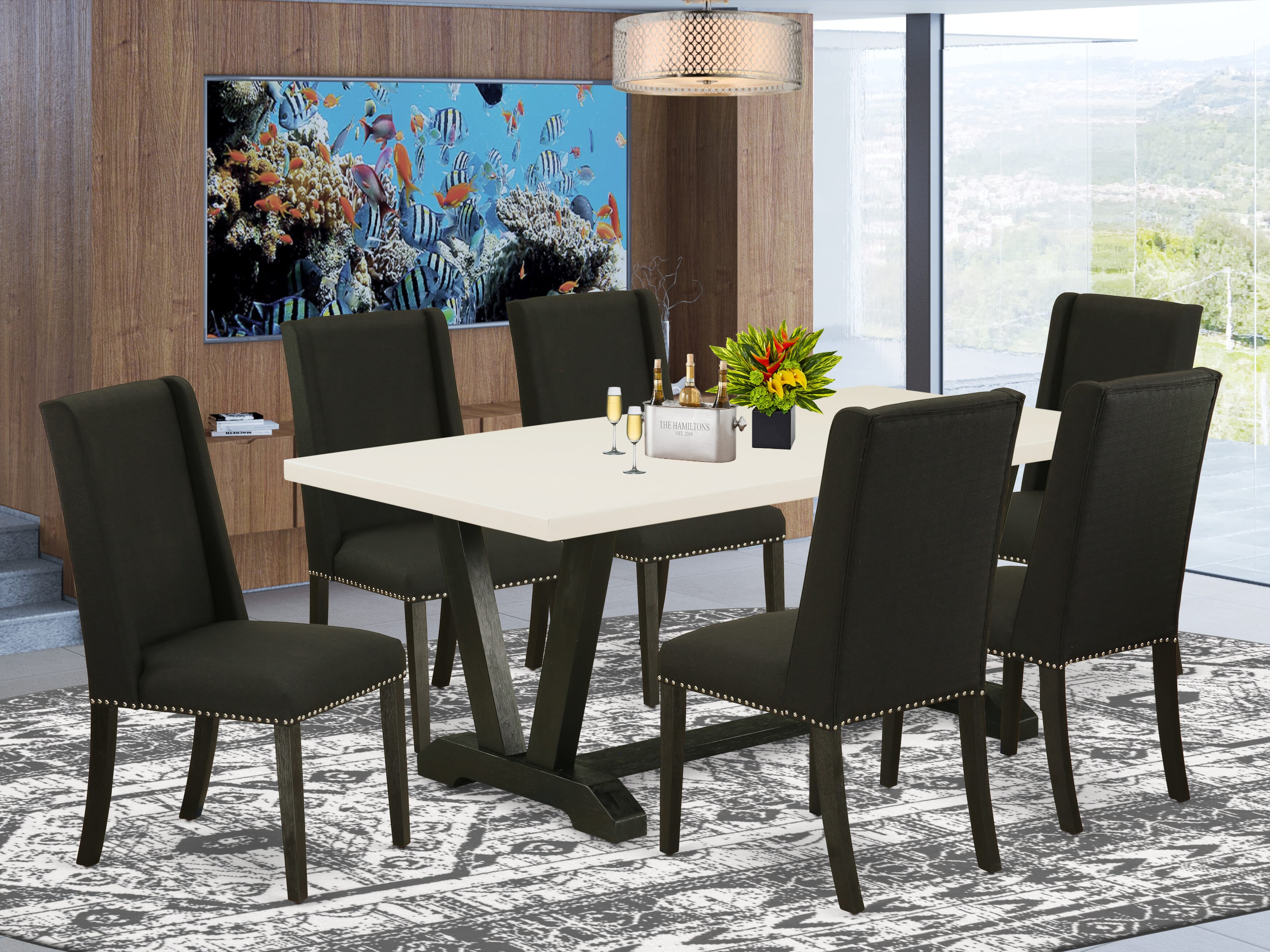 East West Furniture V626FL624-7 - Juego de mesa de comedor de 7 piezas - 6 sillas Parson y una mesa rectangular con estructura de madera noble