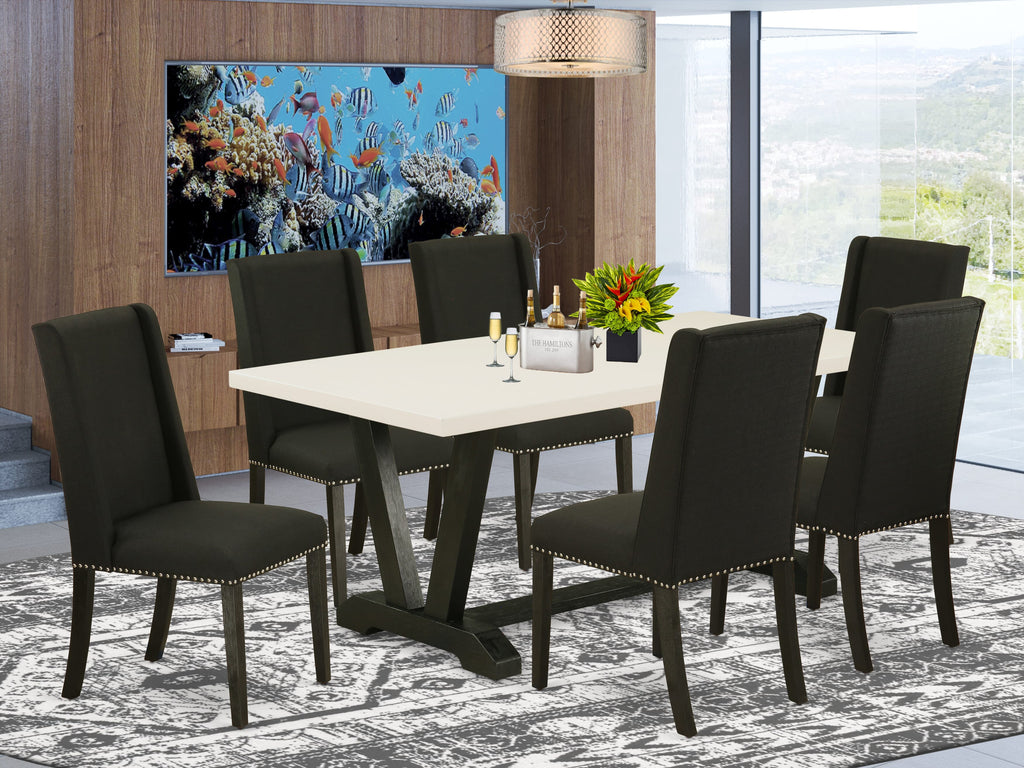 East West Furniture V626FL624-7 7-Piece modern dining table set a beautiful linen white rectangular table top and 6 gorgeous parson chairs with Nail heads and High Stylish Chair Back, Wire Brushed Black Finish