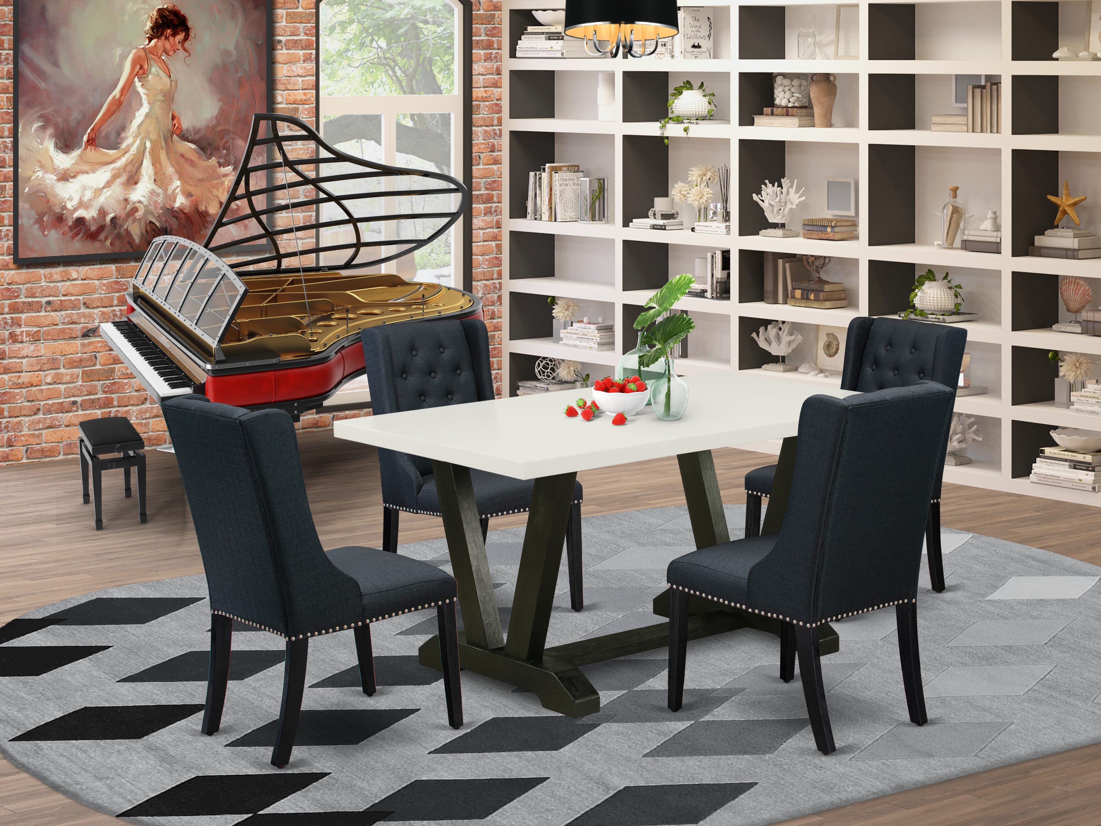 East West Furniture V626FO624-5 5 Piece Dining Table Set Includes 4 Black Linen Fabric Dining Chairs with Button Tufted and linen white Rectangular Dining Table - Wire Brush Black Finish