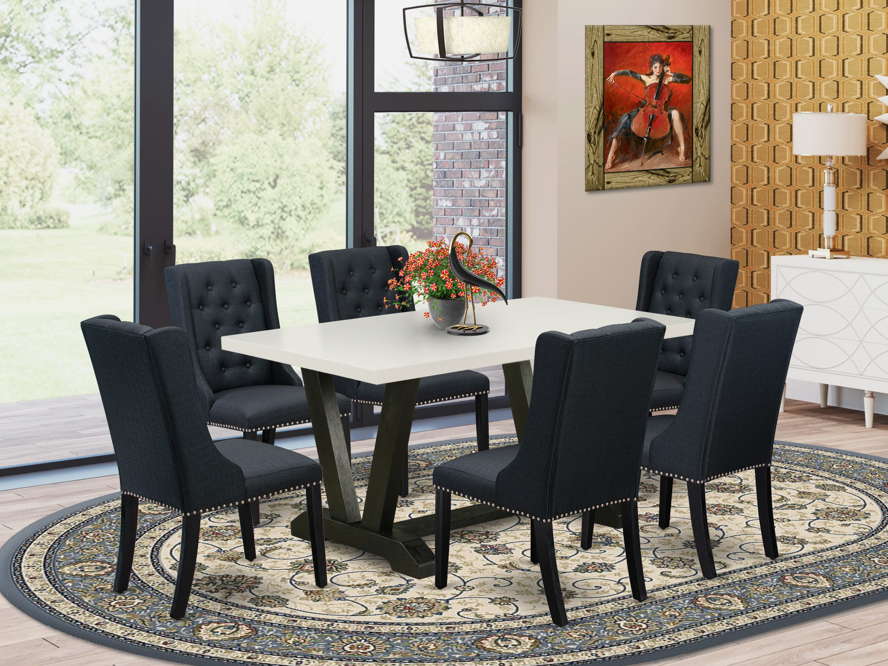 East West Furniture V626FO624-7 7 Piece Dining Room Table Set - 6 Black Linen Fabric Kitchen Chair Button Tufted with Nail heads and linen white Dining Table - Wire Brush Black Finish