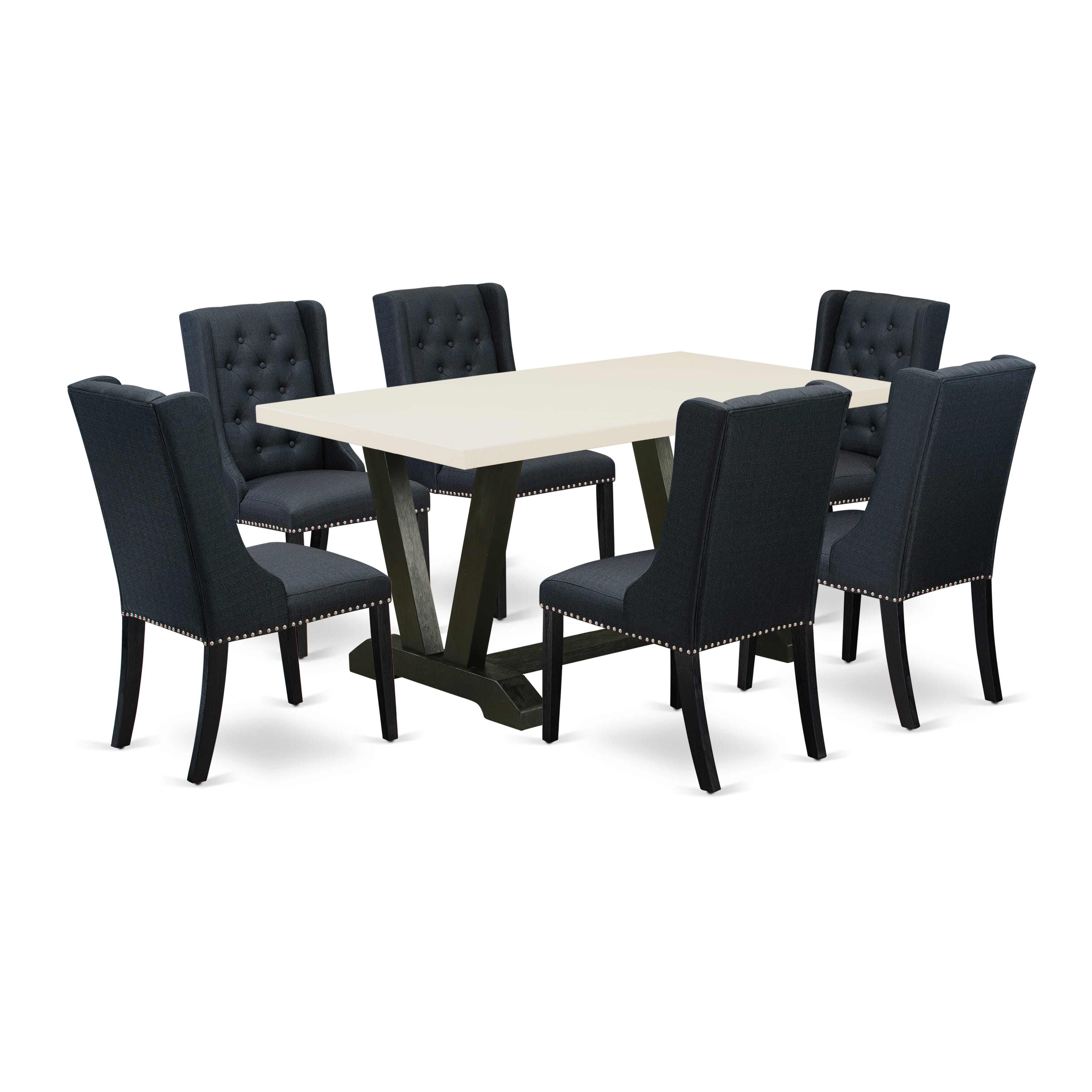 East West Furniture V626FO624-7 7 Piece Dining Room Table Set - 6 Black Linen Fabric Kitchen Chair Button Tufted with Nail heads and linen white Dining Table - Wire Brush Black Finish