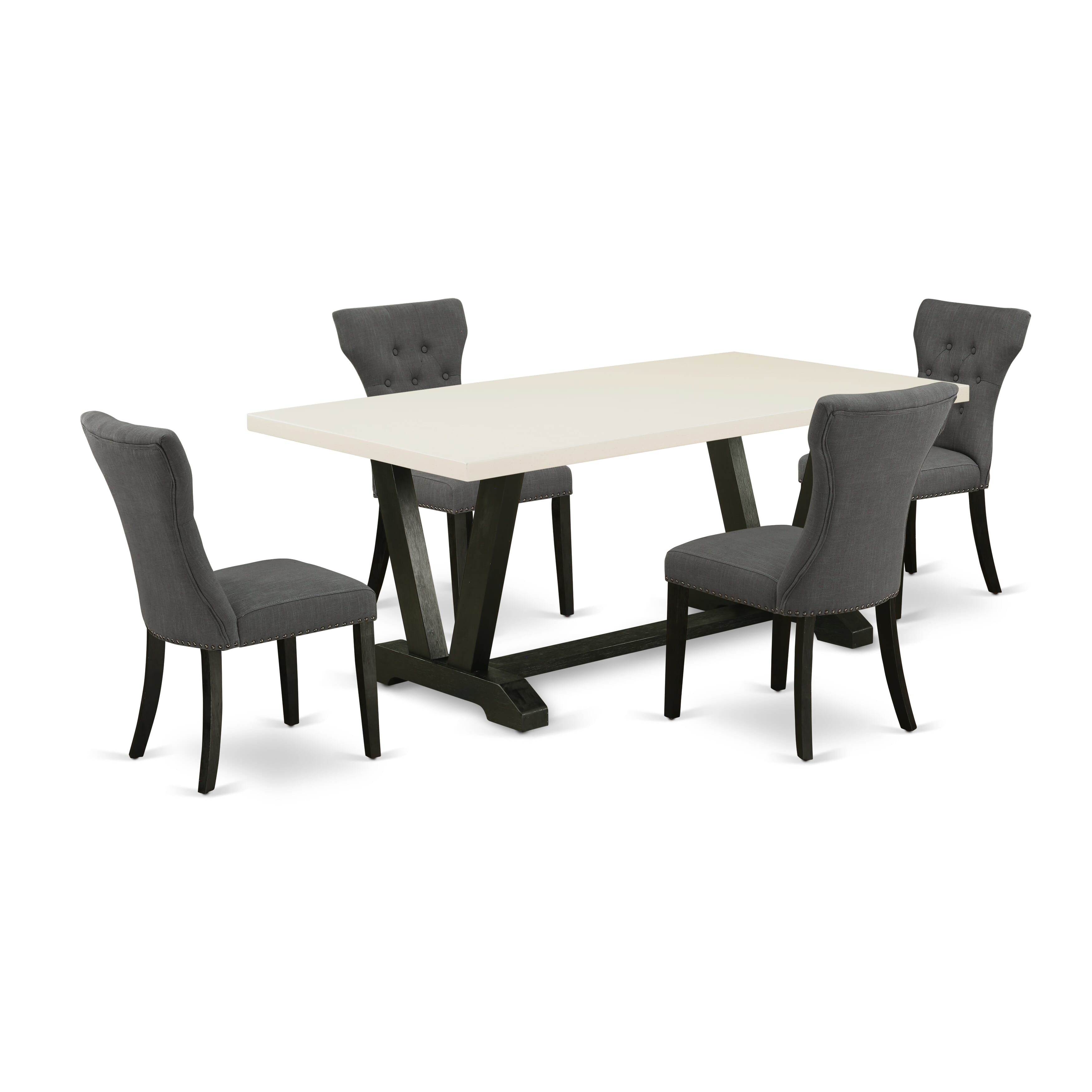 East West Furniture V626GA650-5 5-Pc Dining Table SetIncluded 4 Parson chairs Upholstered Seat and High Button Tufted Chair Back and Rectangular Table with linen white Dining Table top (Black Finish)