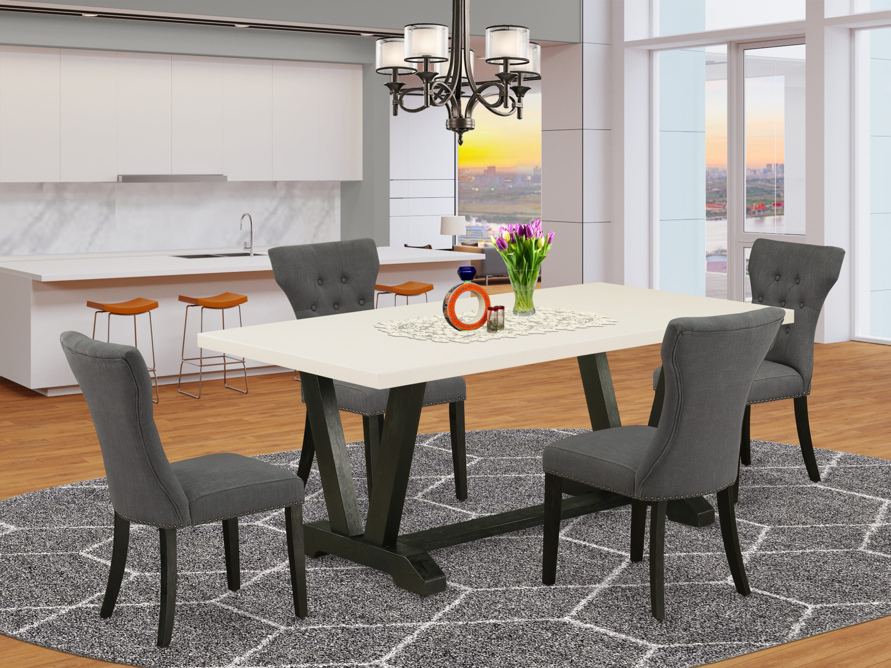 East West Furniture V626GA650-5 5-Pc Dining Table SetIncluded 4 Parson chairs Upholstered Seat and High Button Tufted Chair Back and Rectangular Table with linen white Dining Table top (Black Finish)
