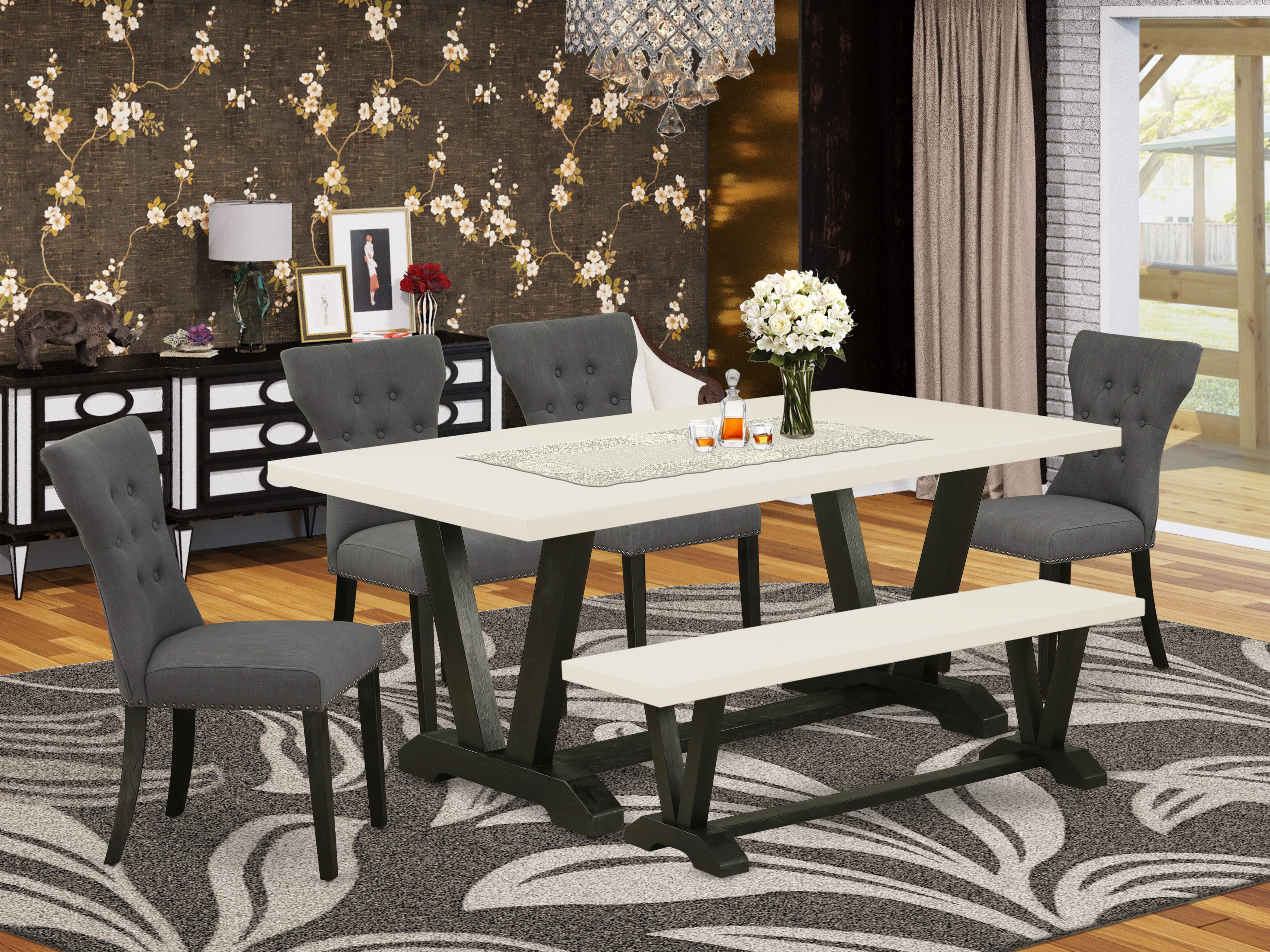 East West Furniture - Juego de 6 sillas de cocina con asiento de tela de lino gris Gotham oscuro y respaldo capitoné con botones