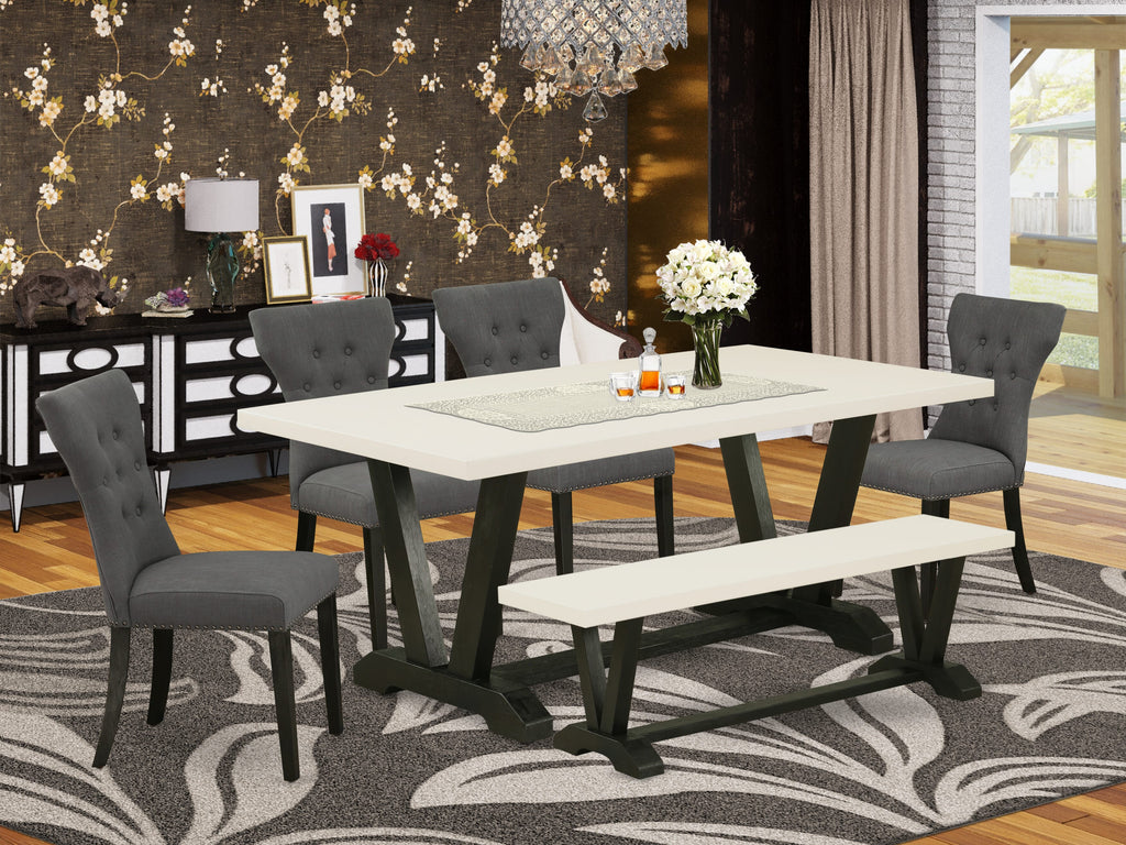 East West Furniture - Juego de 6 sillas de cocina con asiento de tela de lino gris Gotham oscuro y respaldo capitoné con botones
