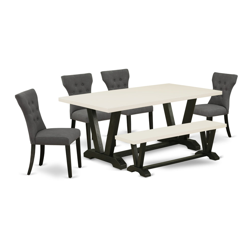 East West Furniture - Juego de 6 sillas de cocina con asiento de tela de lino gris Gotham oscuro y respaldo capitoné con botones