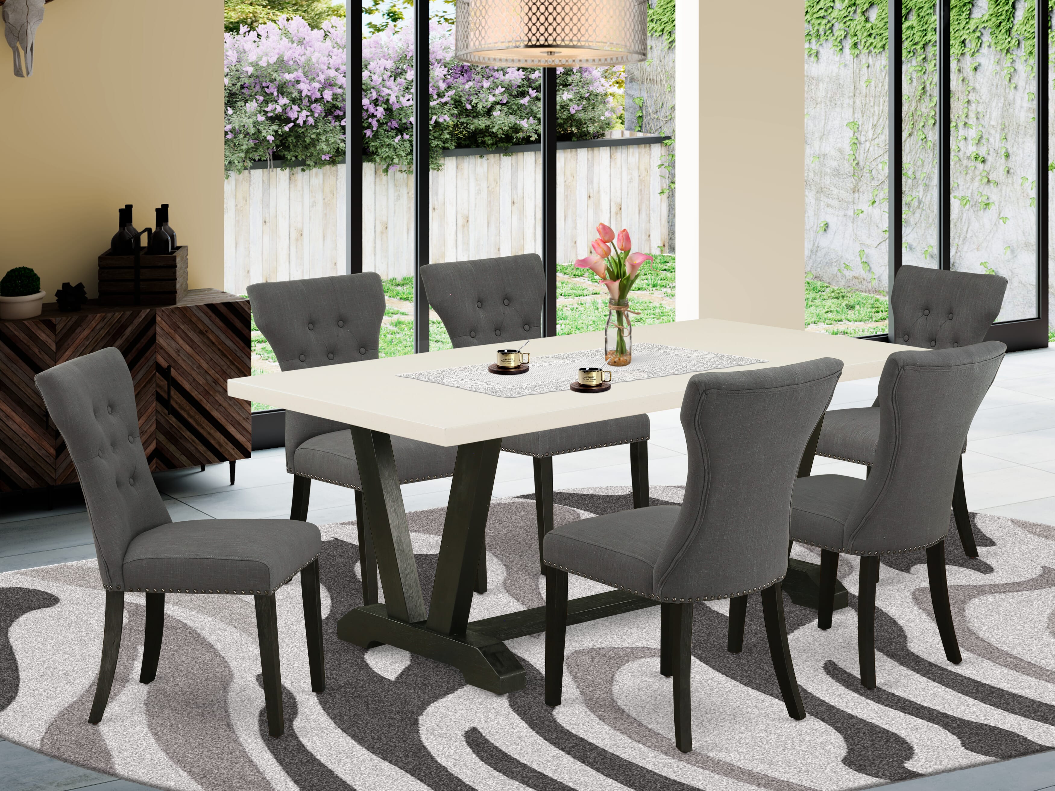East West Furniture V626Ga650-7 - Juego de comedor de 7 piezas - 6 sillas Parson y mesa de comedor con estructura de madera maciza