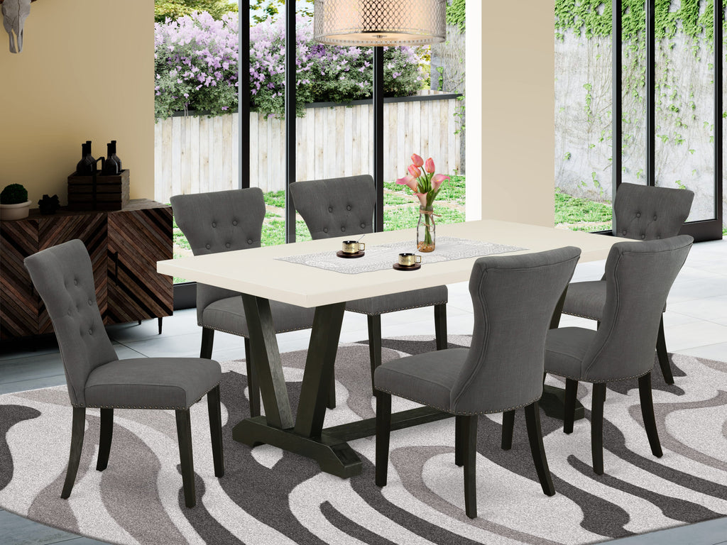 East West Furniture V626GA650-7 7-Piece dining table set a fantastic linen white rectangular Table top and 6 Wonderful Kitchen Parson Chair with Nail heads and Button Tufted, Wire Brushed Black Finish