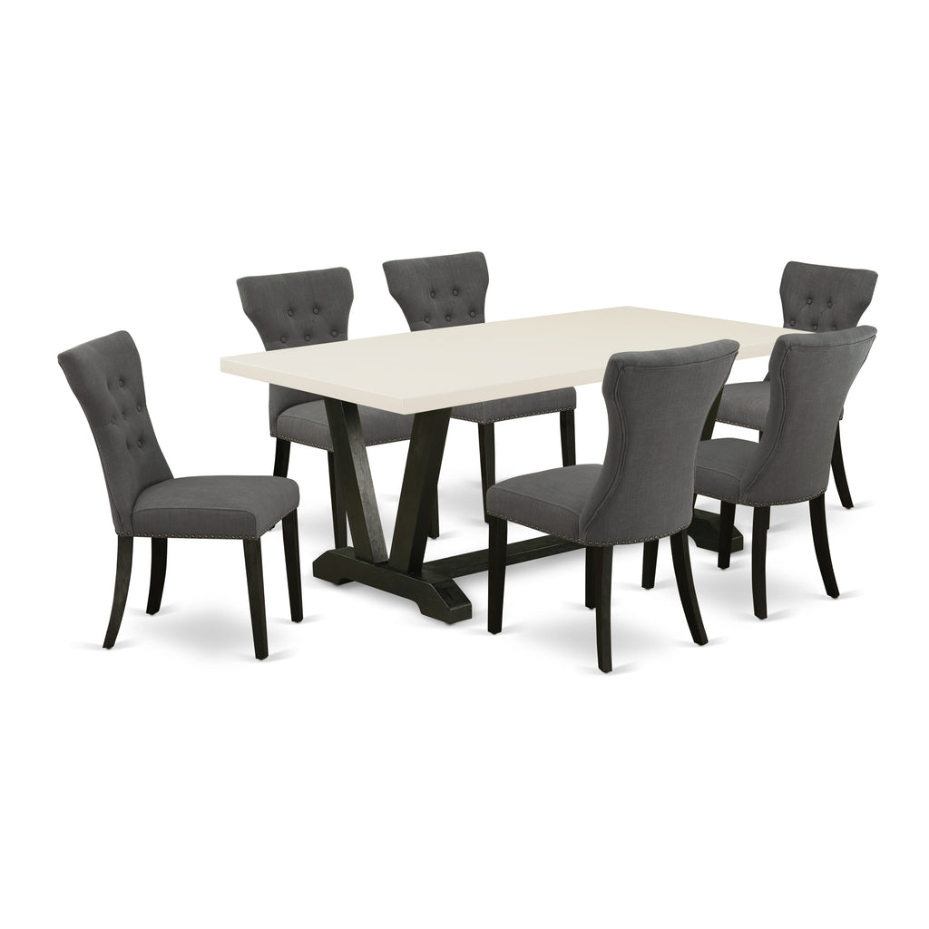 East West Furniture V626GA650-7 7-Piece dining table set a fantastic linen white rectangular Table top and 6 Wonderful Kitchen Parson Chair with Nail heads and Button Tufted, Wire Brushed Black Finish