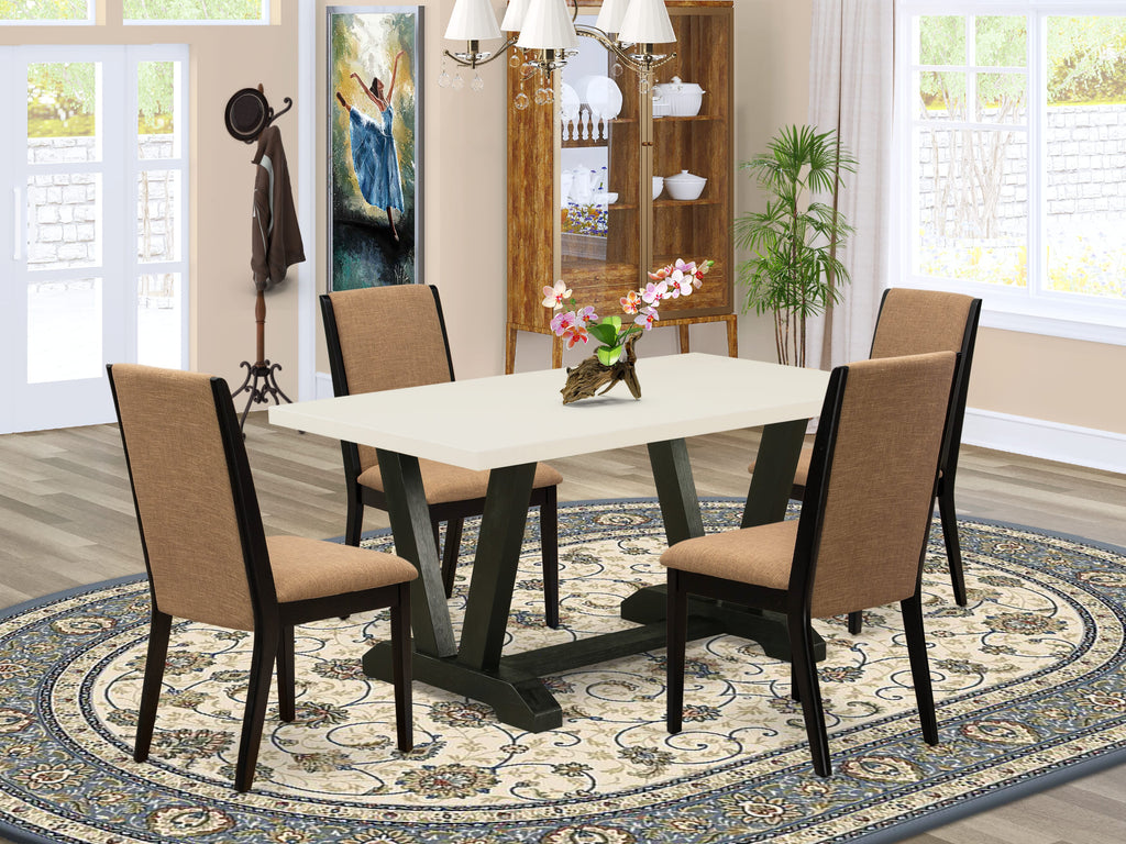 East West Furniture V626LA147-5 5-Piece Dining Set with Dining Room Table - 4 Linen Fabric Kitchen Chairs (Wire Brushed Black Finish)