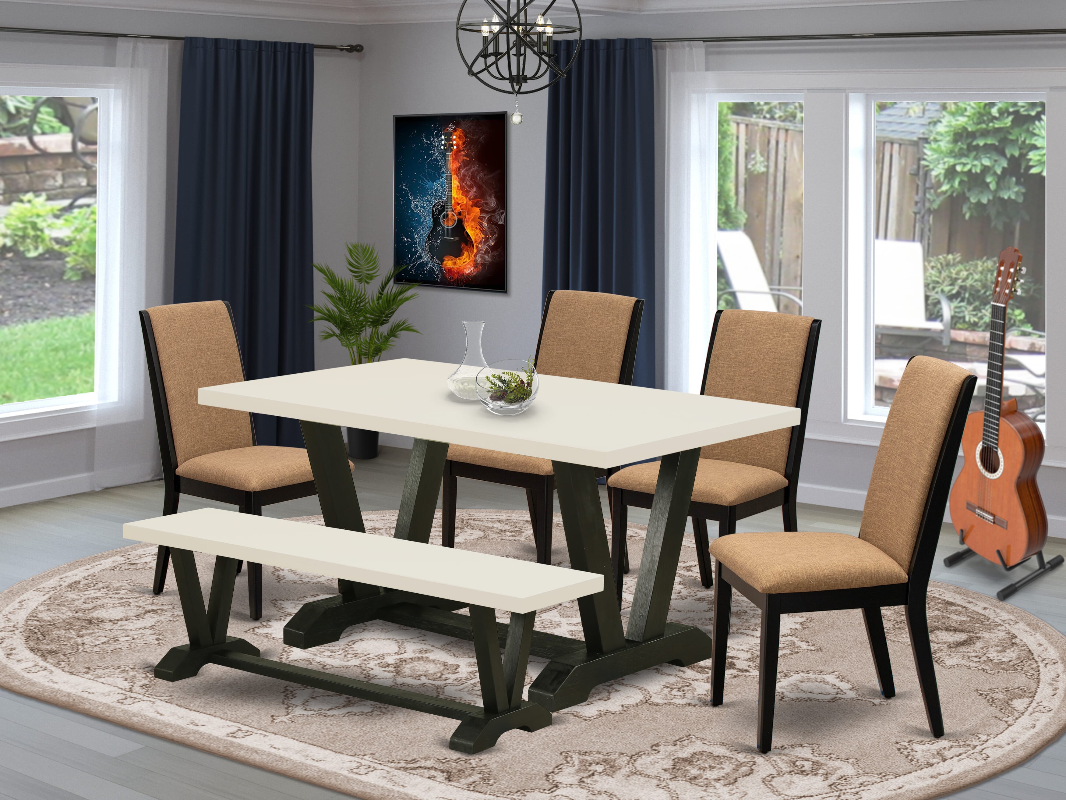 Hermoso juego de mesa de comedor East West Furniture V626LA147-6 de 6 piezas con tablero de comedor de marta clara y banco de comedor de marta clara, y 4 maravillosas sillas acolchadas de tela de lino con elegante respaldo.