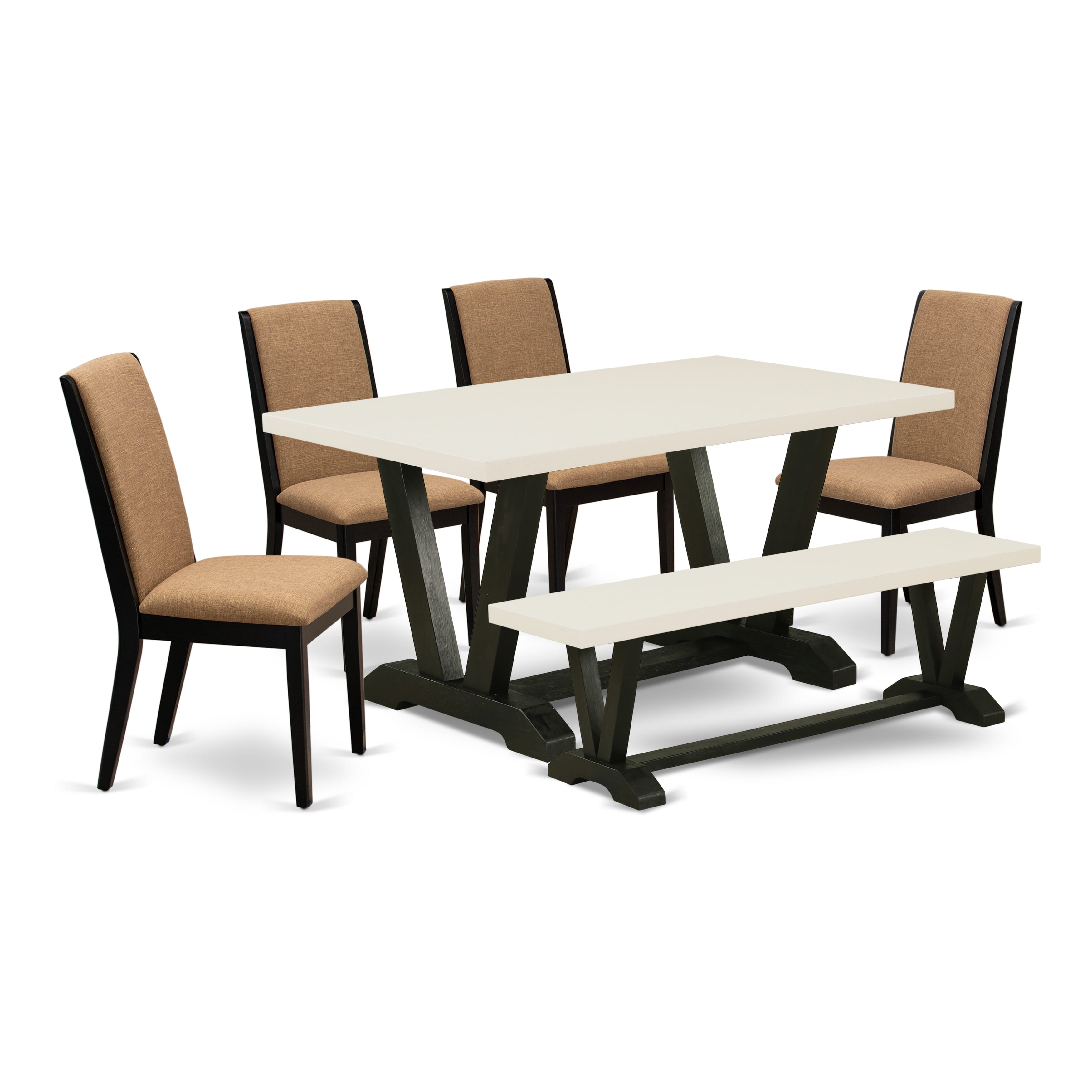 Hermoso juego de mesa de comedor East West Furniture V626LA147-6 de 6 piezas con tablero de comedor de marta clara y banco de comedor de marta clara, y 4 maravillosas sillas acolchadas de tela de lino con elegante respaldo.