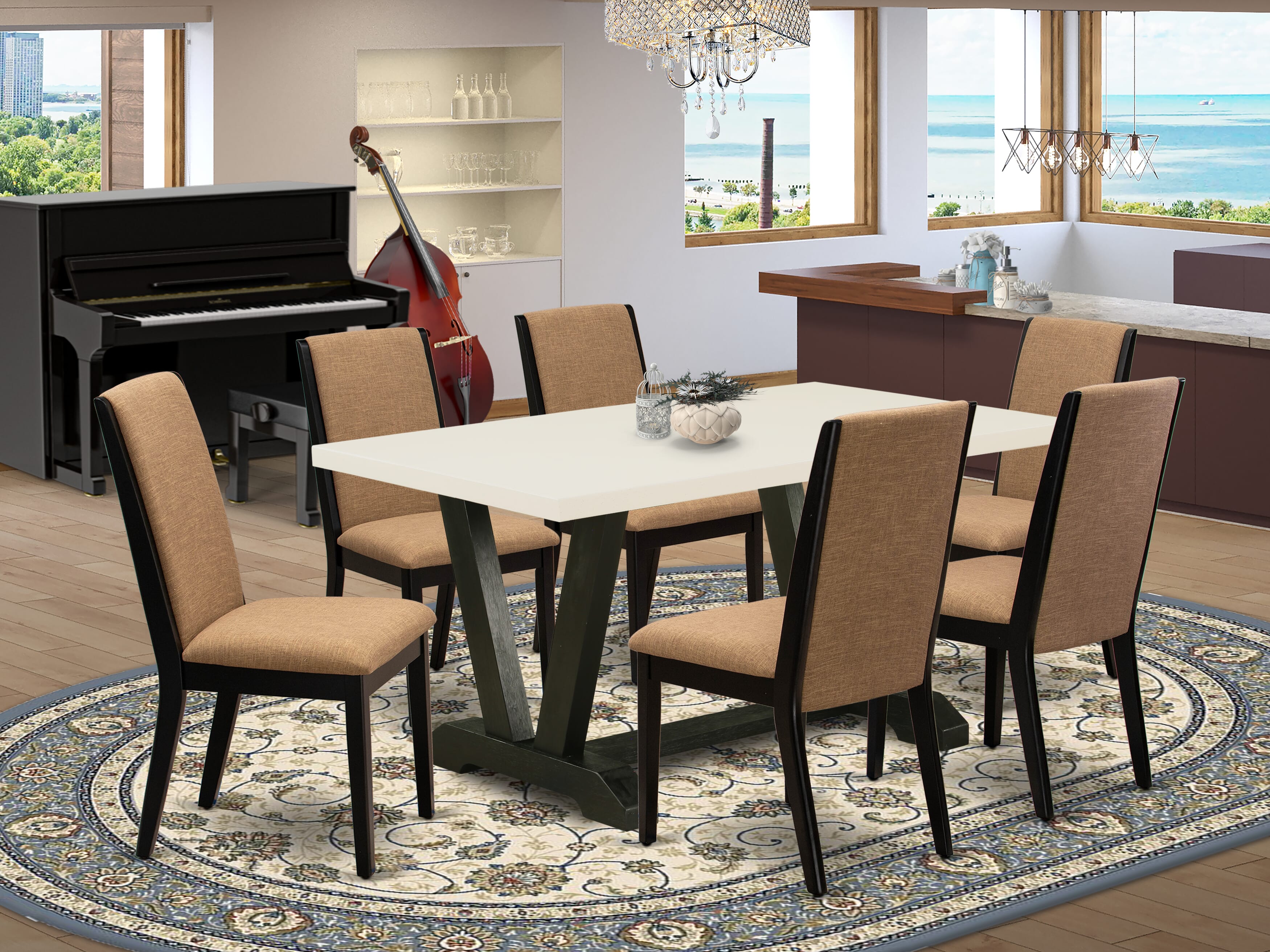 East West Furniture V626LA147-7 7-Piece Dining Table Set with Kitchen Table - 6 Linen Fabric Dining Chairs (Wire Brushed Black Finish)
