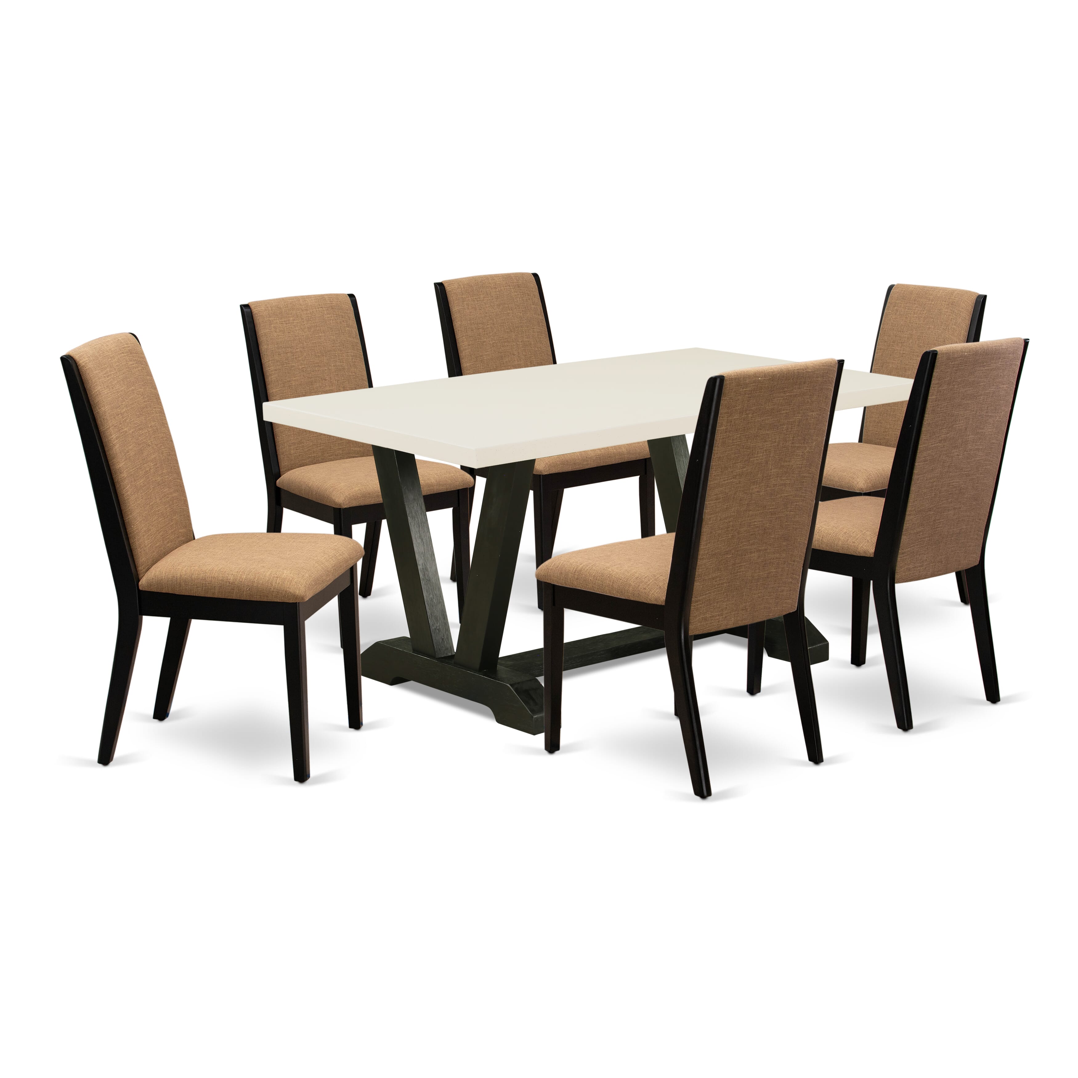 East West Furniture V626LA147-7 7-Piece Dining Table Set with Kitchen Table - 6 Linen Fabric Dining Chairs (Wire Brushed Black Finish)