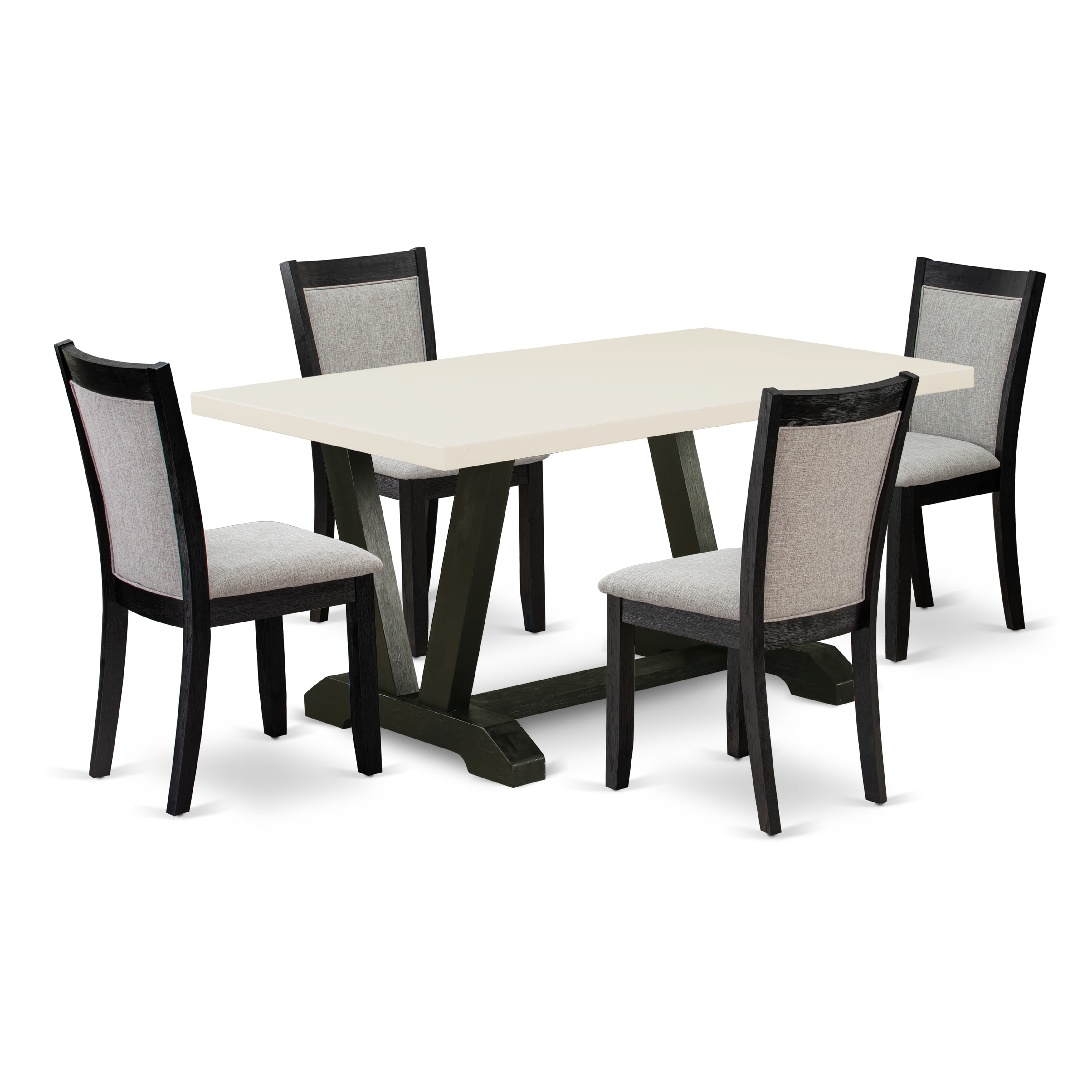 East West Furniture V626MZ606-5 5 Piece Modern Dining Table Set - A linen white Top Kitchen Table with Trestle Base and 4 Shitake Linen Fabric Parson Chairs - Wire Brushed Black Finish
