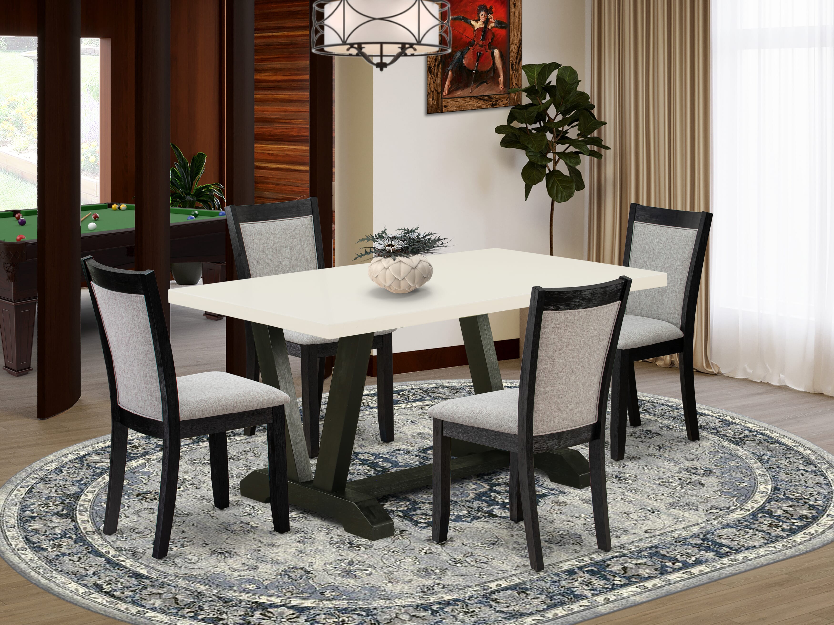 East West Furniture V626MZ606-5 5 Piece Modern Dining Table Set - A linen white Top Kitchen Table with Trestle Base and 4 Shitake Linen Fabric Parson Chairs - Wire Brushed Black Finish