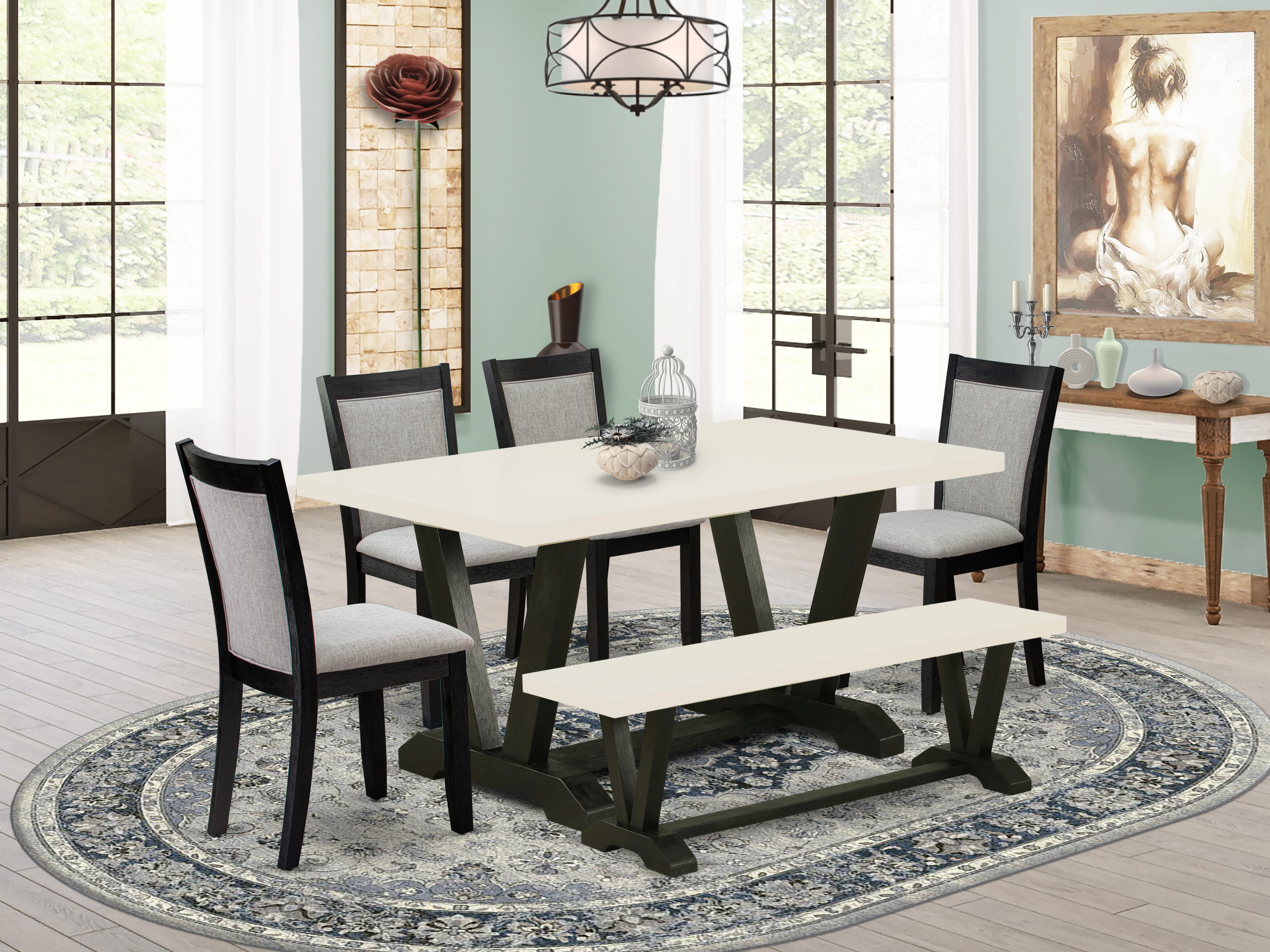 East West Furniture V626MZ606-6 6 Pc Dinette Set - A linen white Top Mid Century Dining Table with a Wood Bench and 4 Shitake Linen Fabric Upholstered Dining Room Chairs - Wire Brushed Black Finish