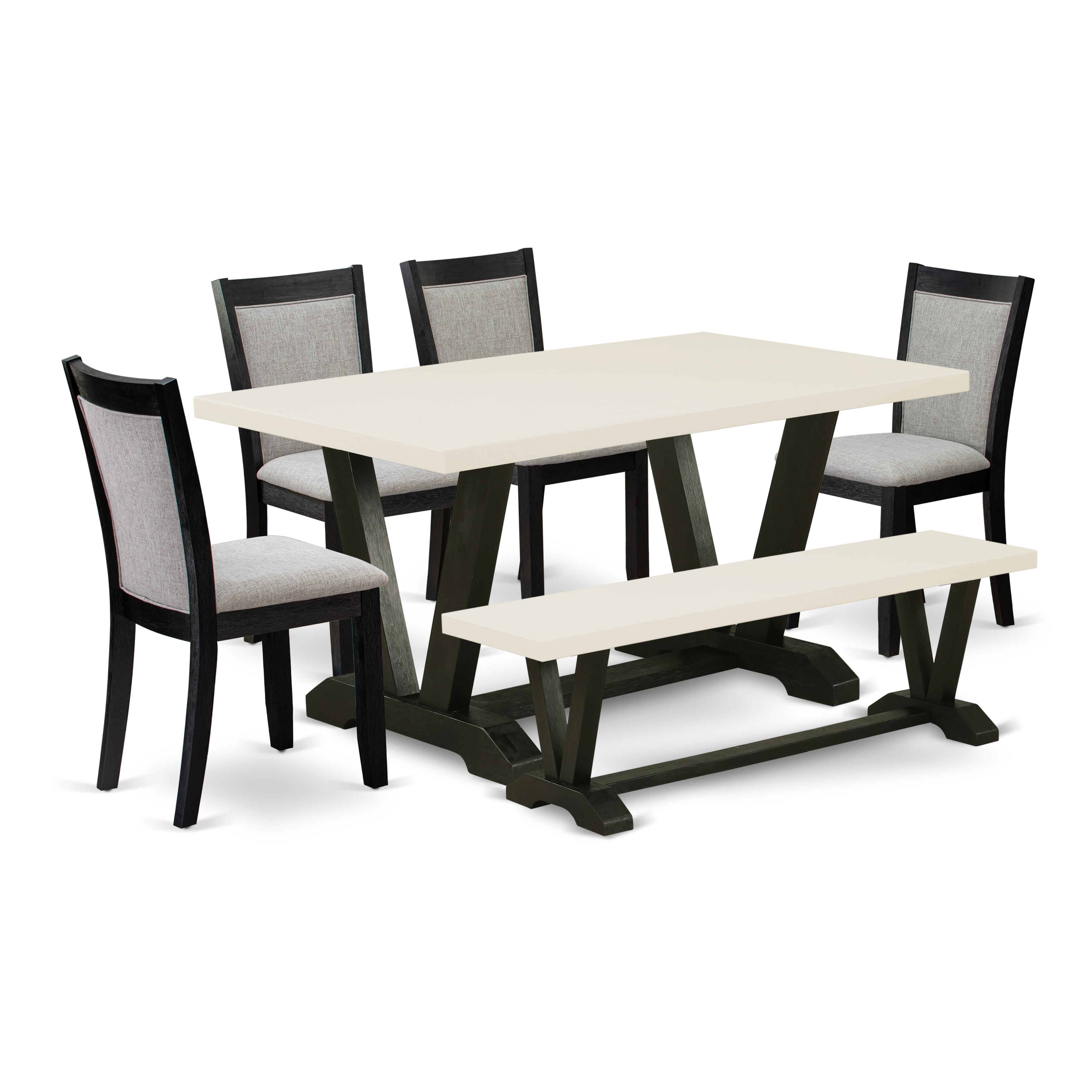 East West Furniture V626MZ606-6 6 Pc Dinette Set - A linen white Top Mid Century Dining Table with a Wood Bench and 4 Shitake Linen Fabric Upholstered Dining Room Chairs - Wire Brushed Black Finish