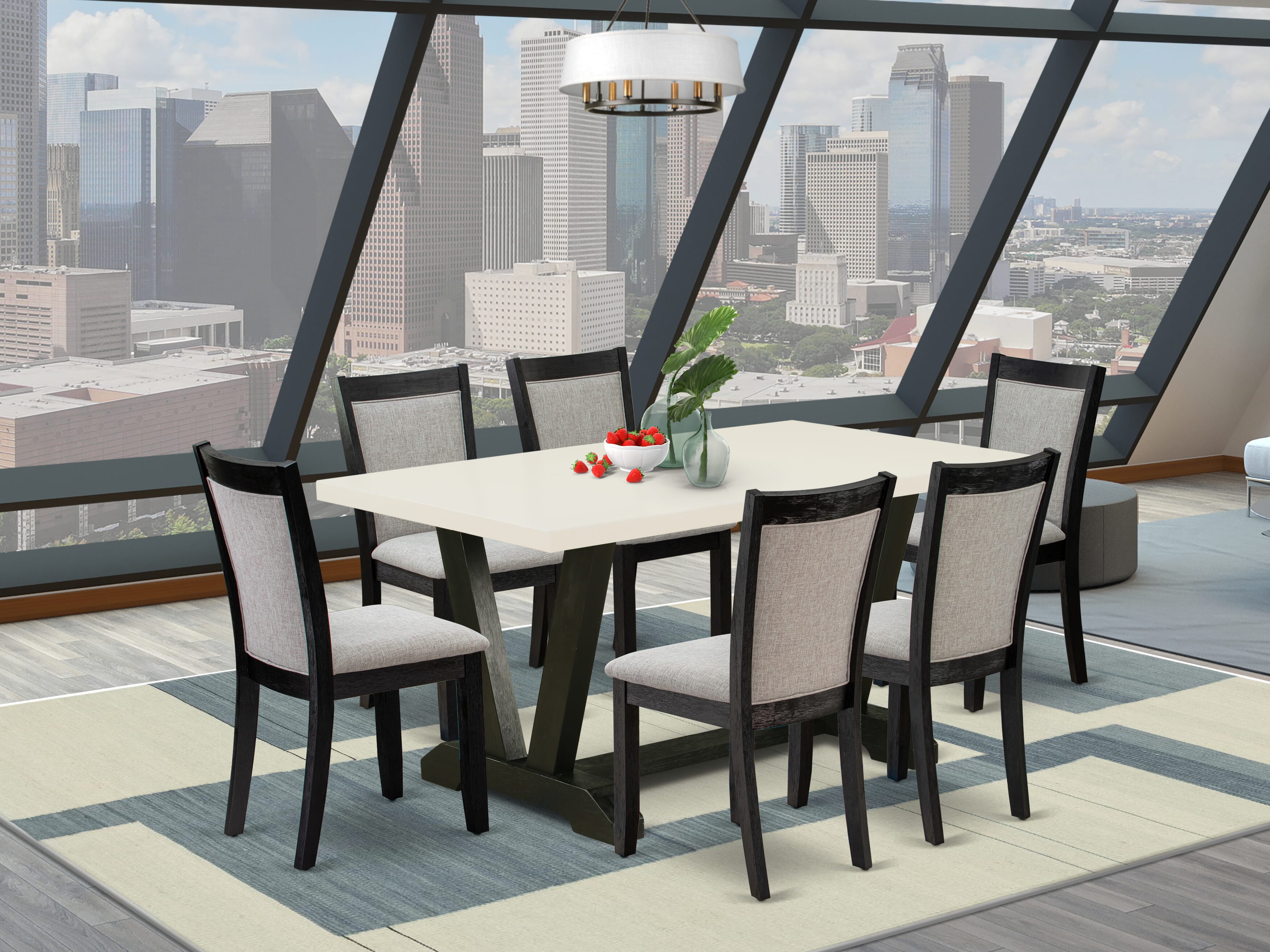 East West Furniture V626MZ606-7 7 Piece Dinner Table Set - A linen white Top Modern Dining Table with Trestle Base and 6 Shitake Linen Fabric Wooden Dining Chairs - Wire Brushed Black Finish