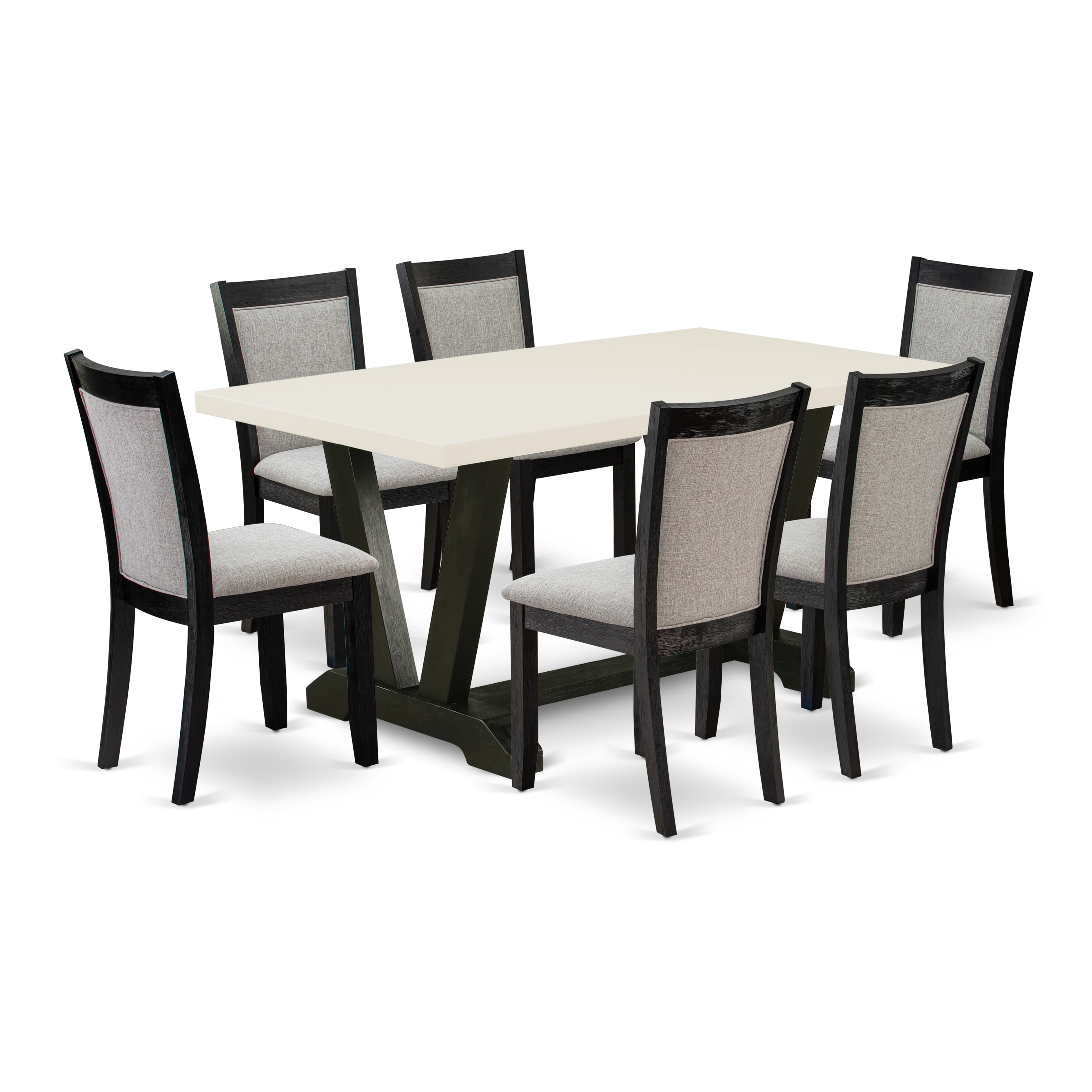 East West Furniture V626MZ606-7 7 Piece Dinner Table Set - A linen white Top Modern Dining Table with Trestle Base and 6 Shitake Linen Fabric Wooden Dining Chairs - Wire Brushed Black Finish