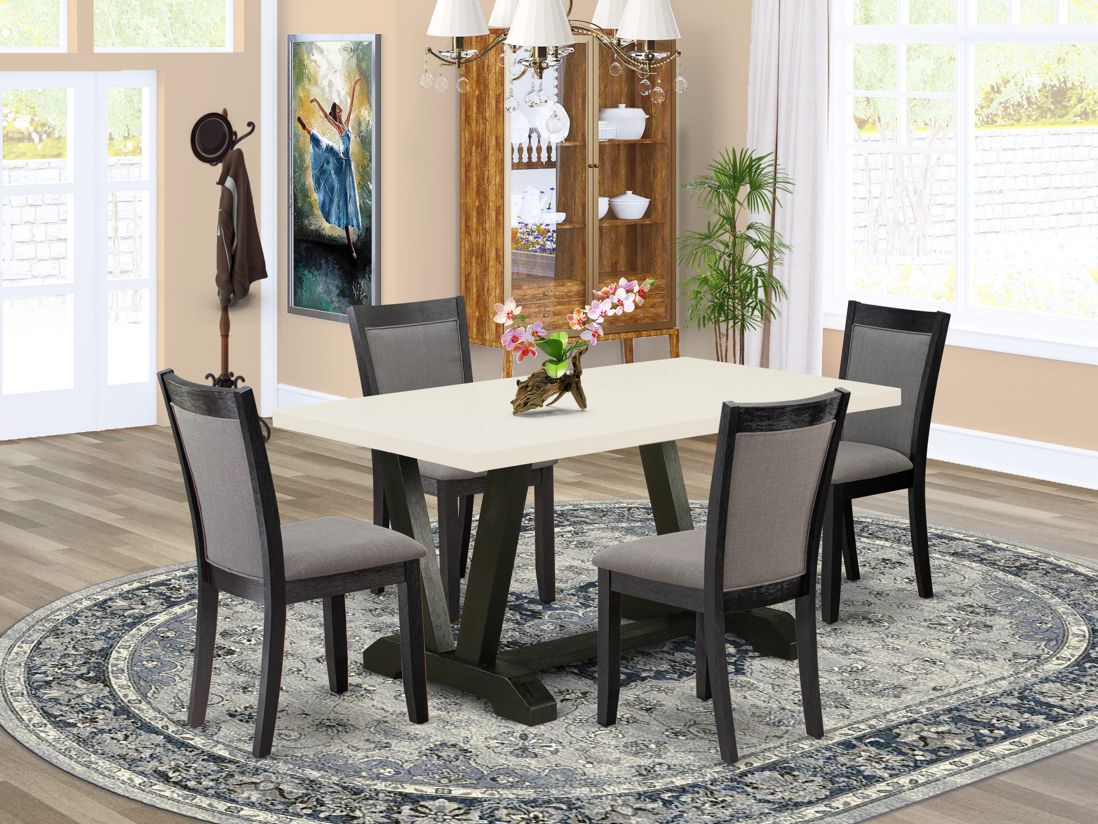 East West Furniture V626MZ650-5 5 Piece Modern Dining Set - A linen white Top Wooden Table with Trestle Base and 4 Dark Gotham Grey Linen Fabric Wooden Dining Chairs - Wire Brushed Black Finish