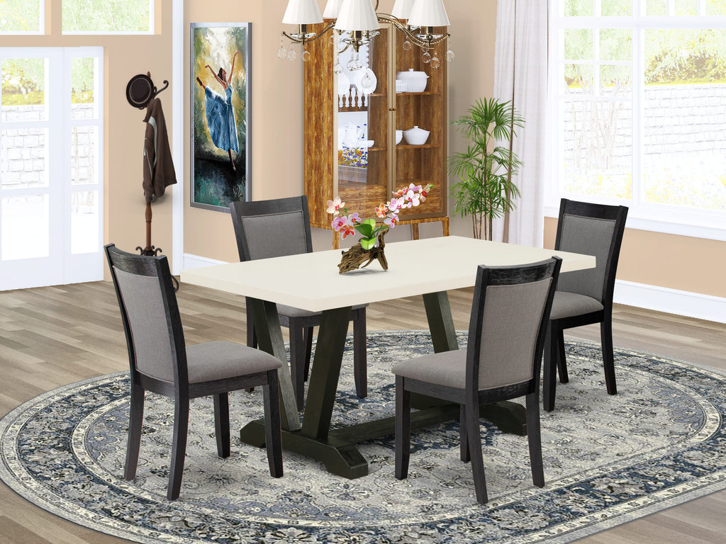 El juego de comedor de 5 piezas East West Furniture V626MZ650-5 incluye una mesa de comedor rectangular con patas en V y 4 sillas Parsons de tela de lino gris Gotham oscuro.