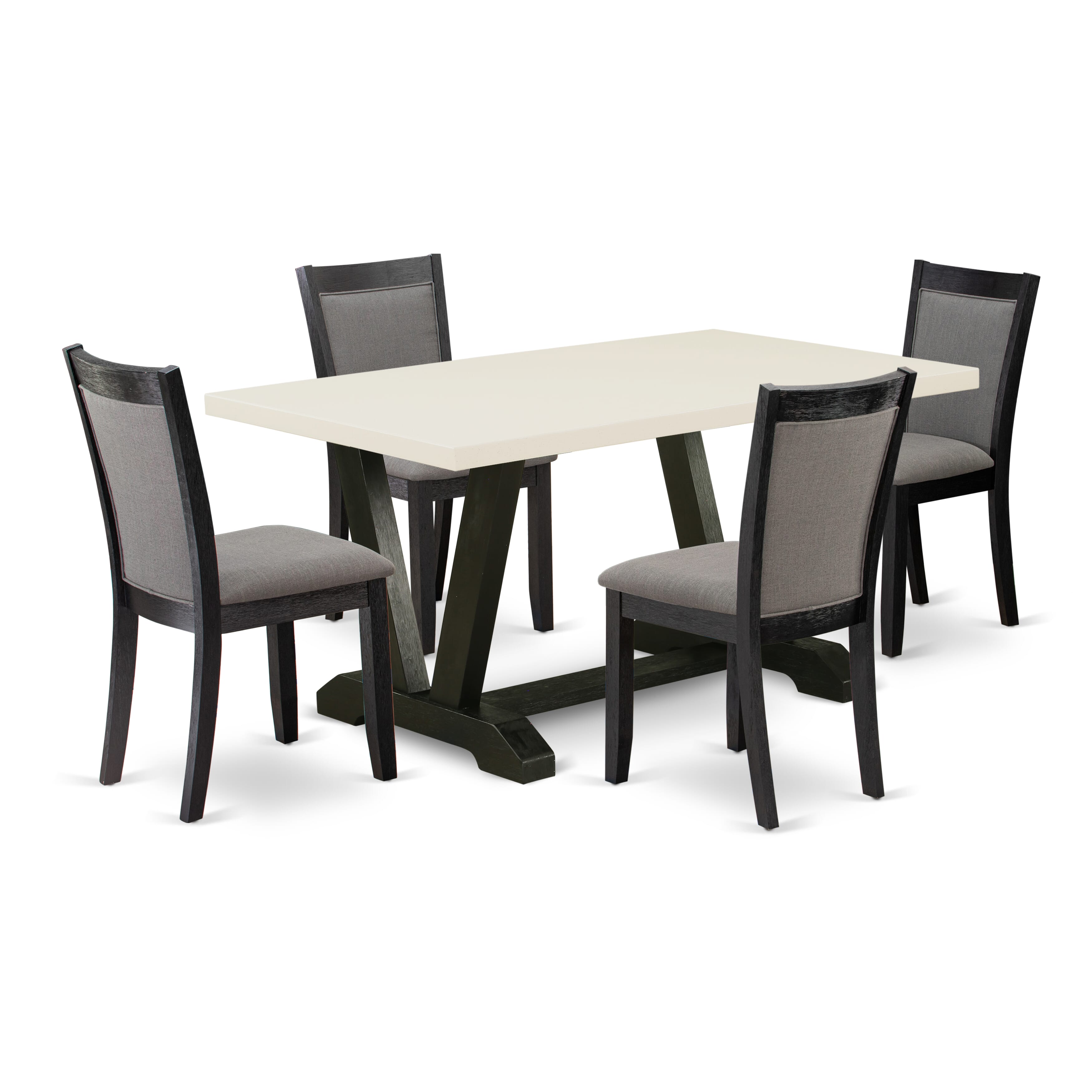 East West Furniture V626MZ650-5 5 Piece Modern Dining Set - A linen white Top Wooden Table with Trestle Base and 4 Dark Gotham Grey Linen Fabric Wooden Dining Chairs - Wire Brushed Black Finish