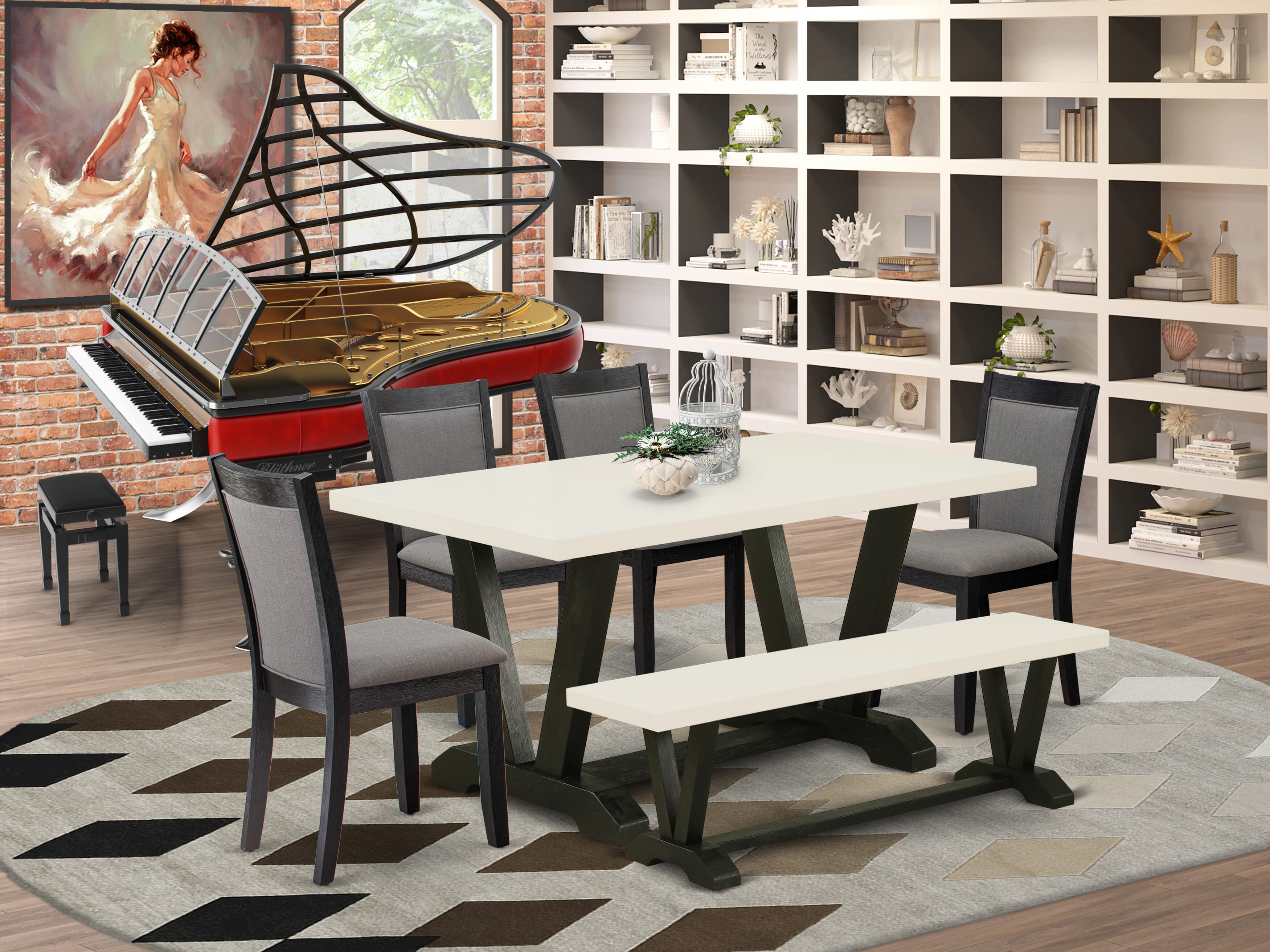 East West Furniture V626MZ650-6 6 Piece Dining Set - A linen white Top Wooden Table with Dining Room Bench and 4 Dark Gotham Grey Linen Fabric Upholstered Dinning Chairs - Wire Brushed Black Finish