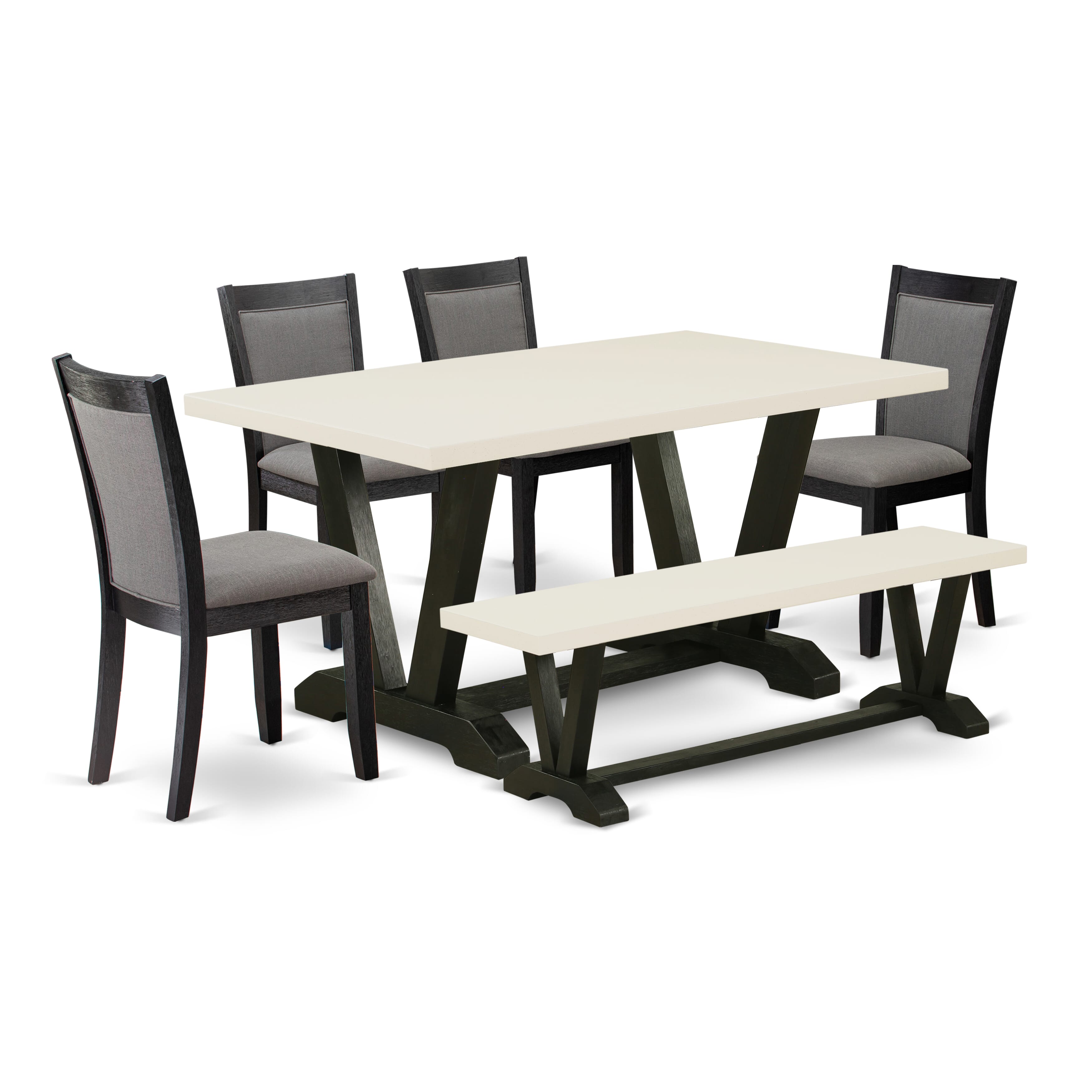 East West Furniture V626MZ650-6 6 Piece Dining Set - A linen white Top Wooden Table with Dining Room Bench and 4 Dark Gotham Grey Linen Fabric Upholstered Dinning Chairs - Wire Brushed Black Finish