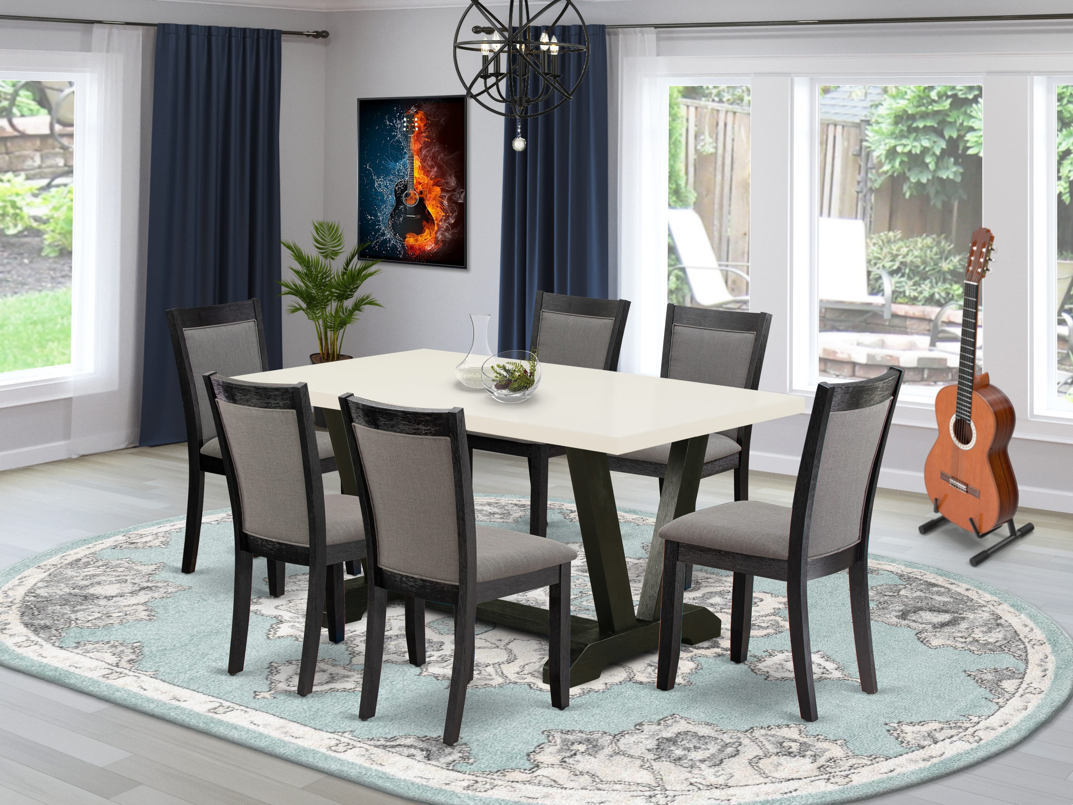 East West Furniture V626MZ650-7 7 Piece Table Set - A linen white Top Dinner Table with Trestle Base and 6 Dark Gotham Grey Linen Fabric Parson Chairs - Wire Brushed Black Finish