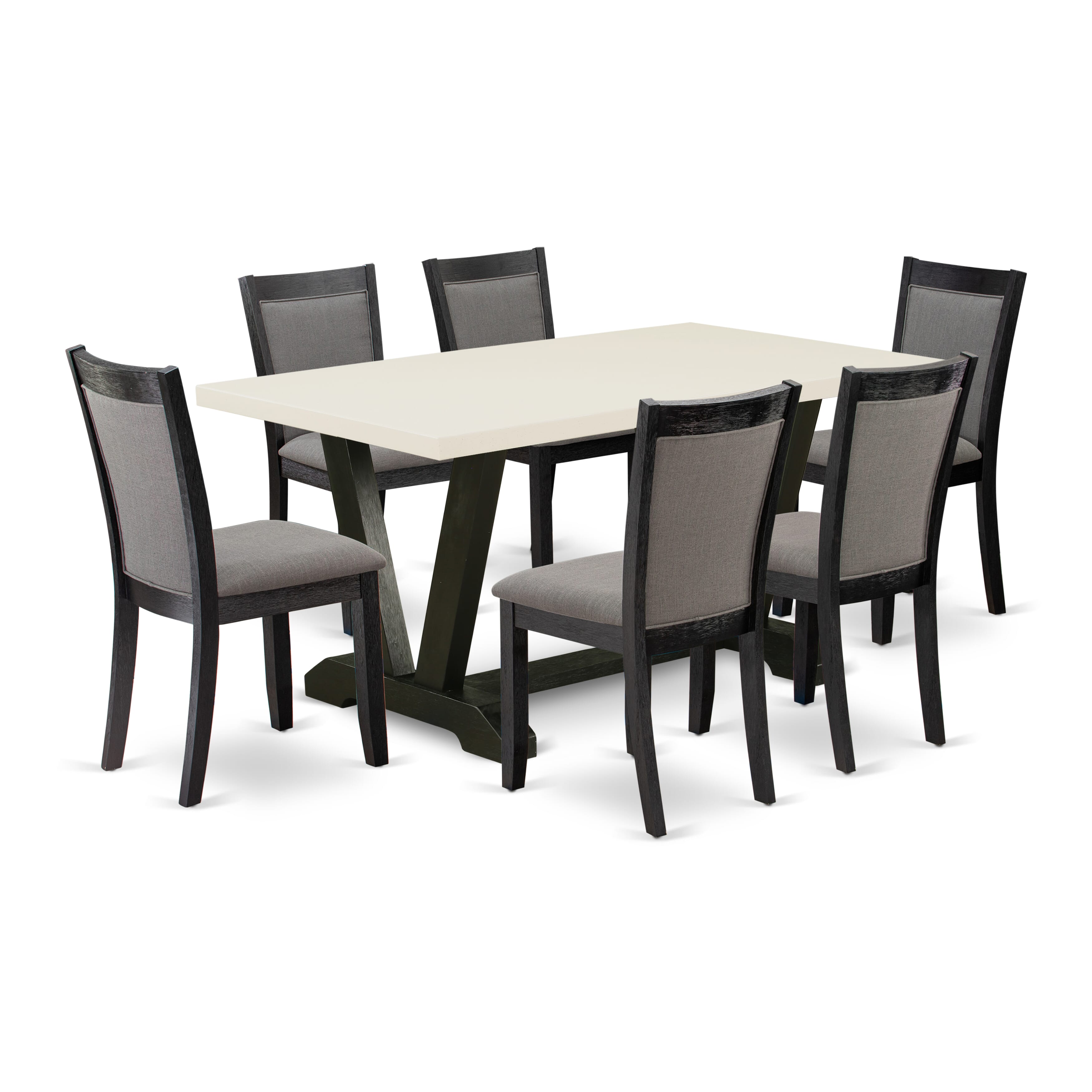 East West Furniture V626MZ650-7 7 Piece Table Set - A linen white Top Dinner Table with Trestle Base and 6 Dark Gotham Grey Linen Fabric Parson Chairs - Wire Brushed Black Finish