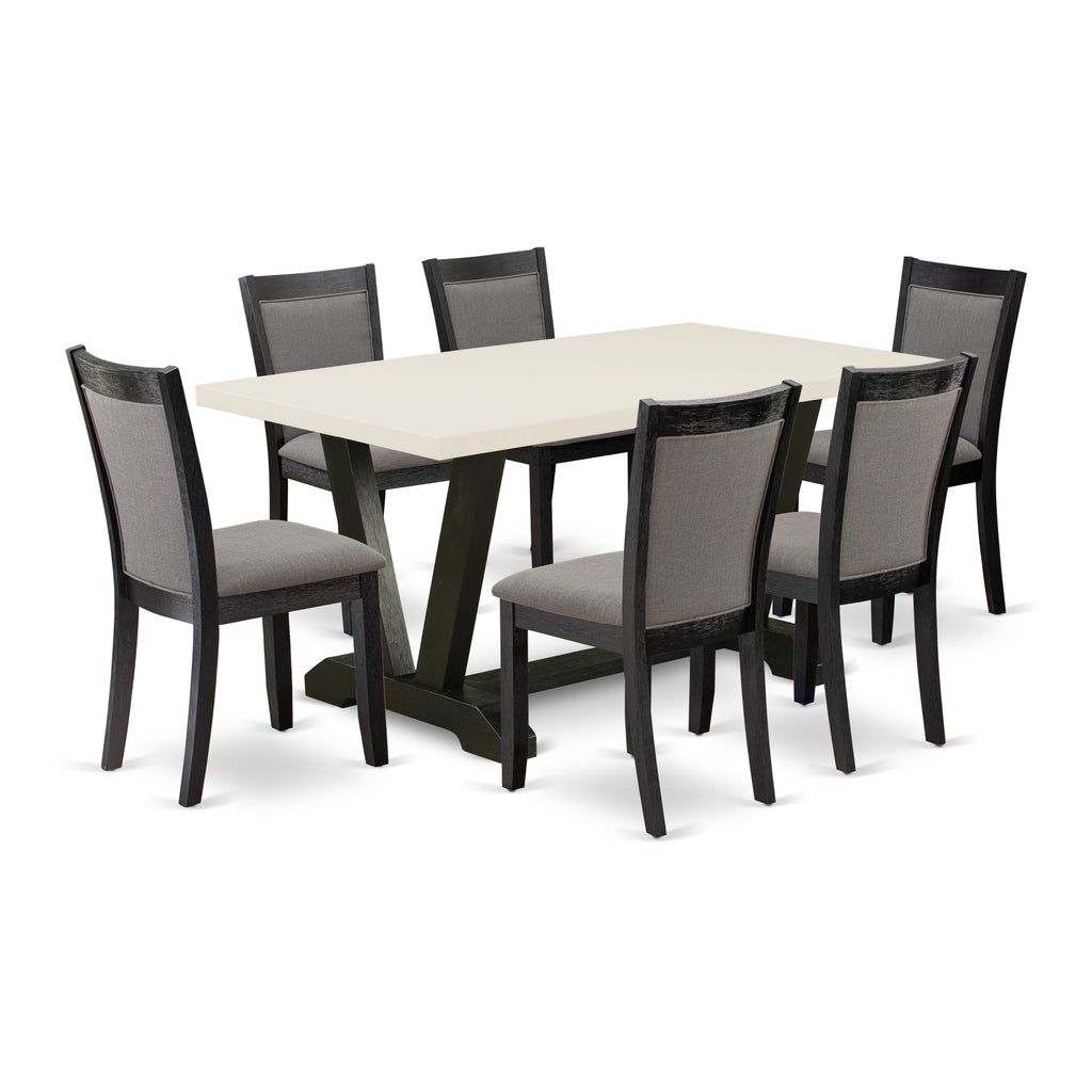 East West Furniture V626MZ650-7 7 Piece Table Set - A linen white Top Dinner Table with Trestle Base and 6 Dark Gotham Grey Linen Fabric Parson Chairs - Wire Brushed Black Finish