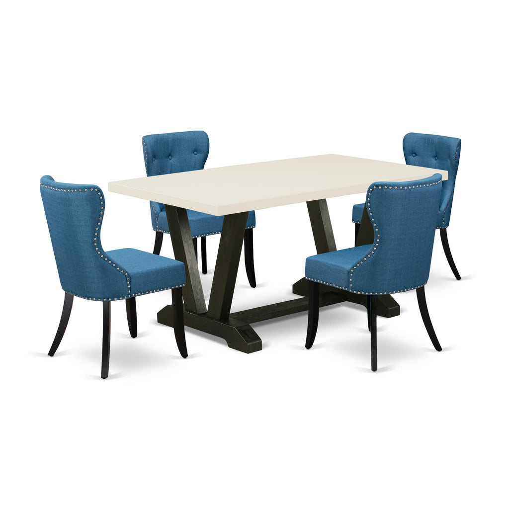 East West Furniture V626SI121-5 5-Piece Modern Dining Set- 4 Parson Chairs with Blue Linen Fabric Seat and Button Tufted Chair Back - Rectangular Table Top & Wooden Legs - Linen White and Black Finish