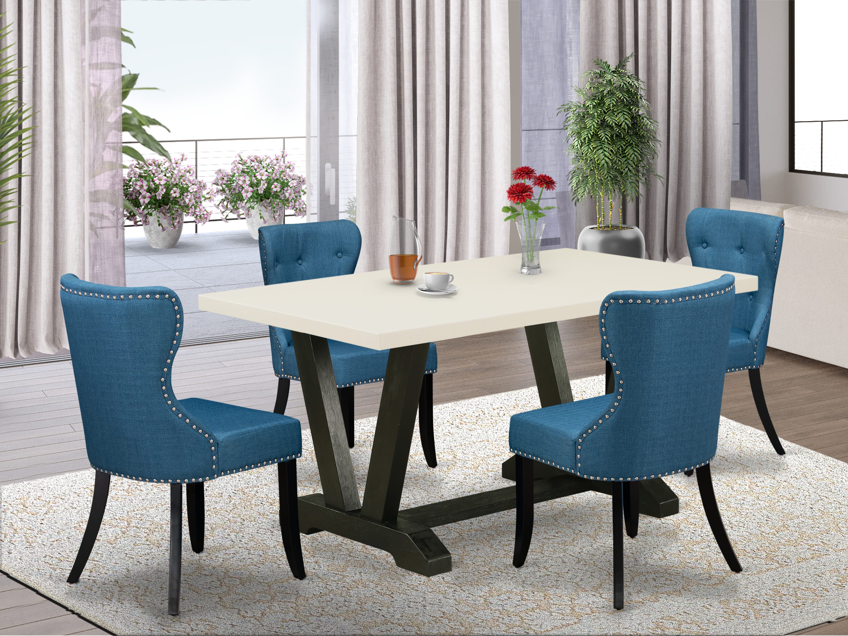 East West Furniture V626SI121-5 5-Piece Dining Set- 4 Parson Dining Chairs with Blue Linen Fabric Seat and Button Tufted Chair Back - Dining Room Table - linen white Finish