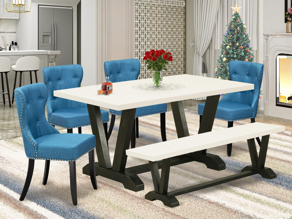 East West Furniture V626SI121-6 6-Piece Dining Room Set- 4 Blue Linen Fabric Dining Chairs with Button Tufted Back - A Kitchen Dining Table and 1 Dining Room Bench (linen white Finish)