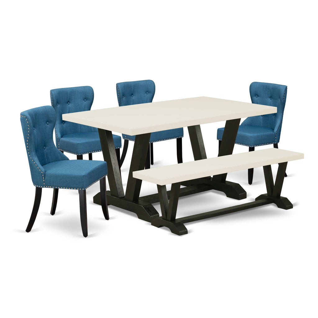 East West Furniture V626SI121-6 6-Piece Dining Room Set- 4 Blue Linen Fabric Dining Chairs with Button Tufted Back - A Kitchen Dining Table and 1 Dining Room Bench (linen white Finish)